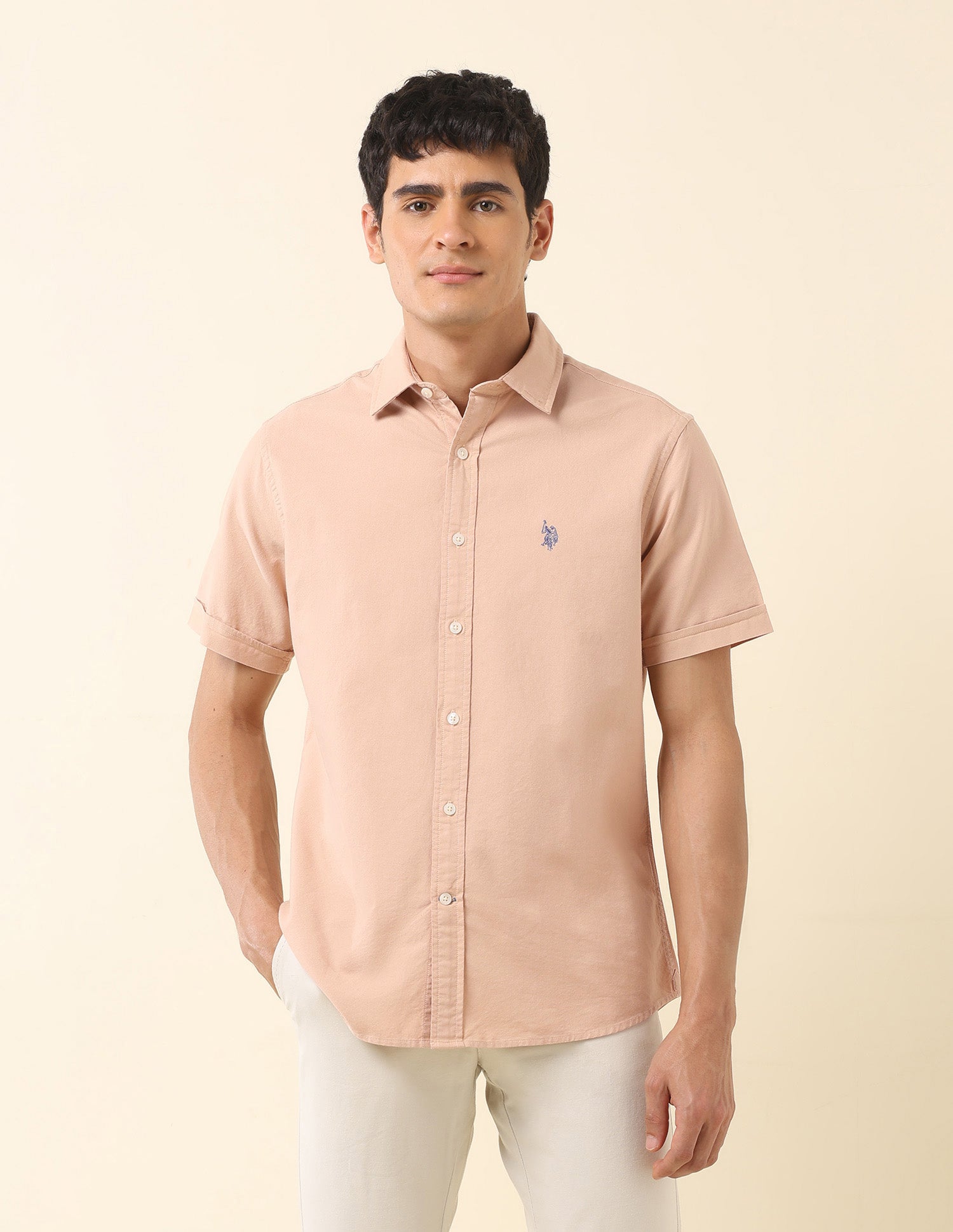 Tailored Fit Solid Pure Cotton Shirt Peach - U.S. Polo Assn. India | Large