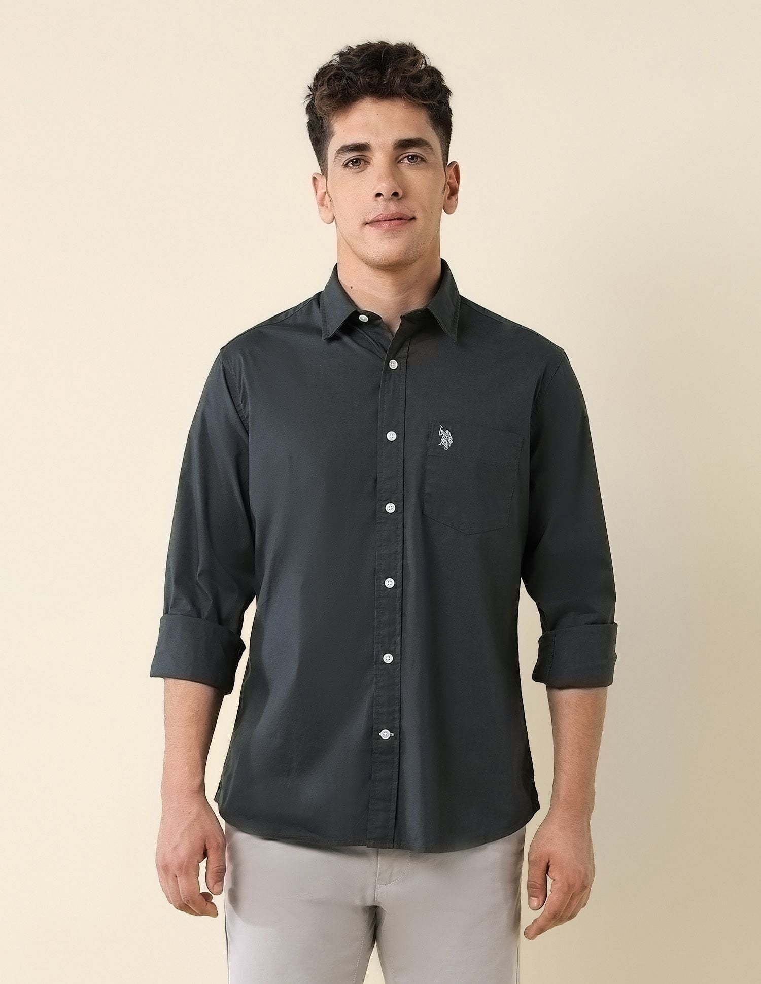 Poplin Solid Stretch Shirt Grey - U.S. Polo Assn. India | Large