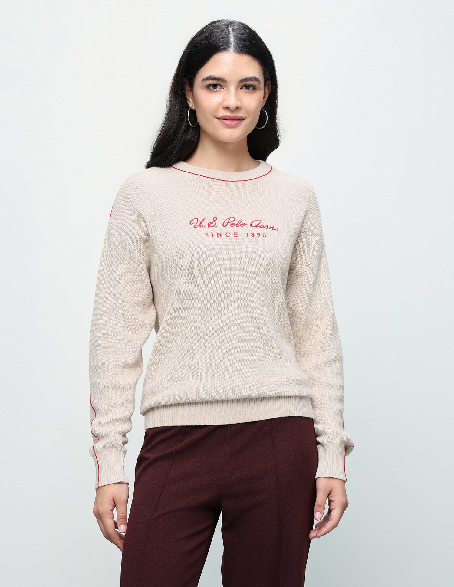 Brand Embroidered Regular Fit Sweater Ecru - U.S. Polo Assn. India | Large