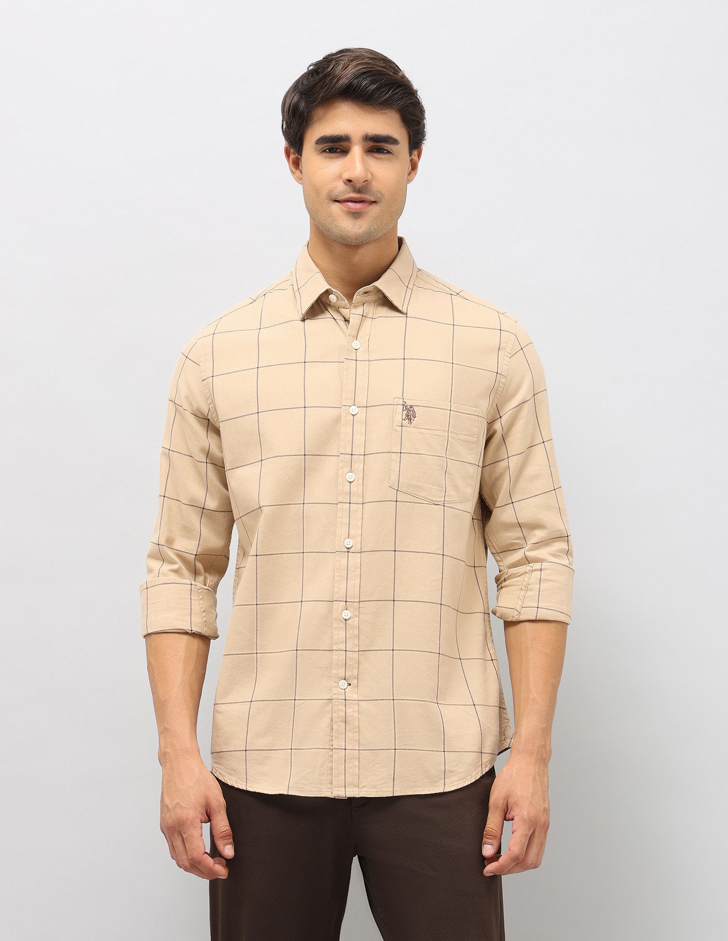Windowpane Checked Pure Cotton Shirt Dark Beige - U.S. Polo Assn. India | Large