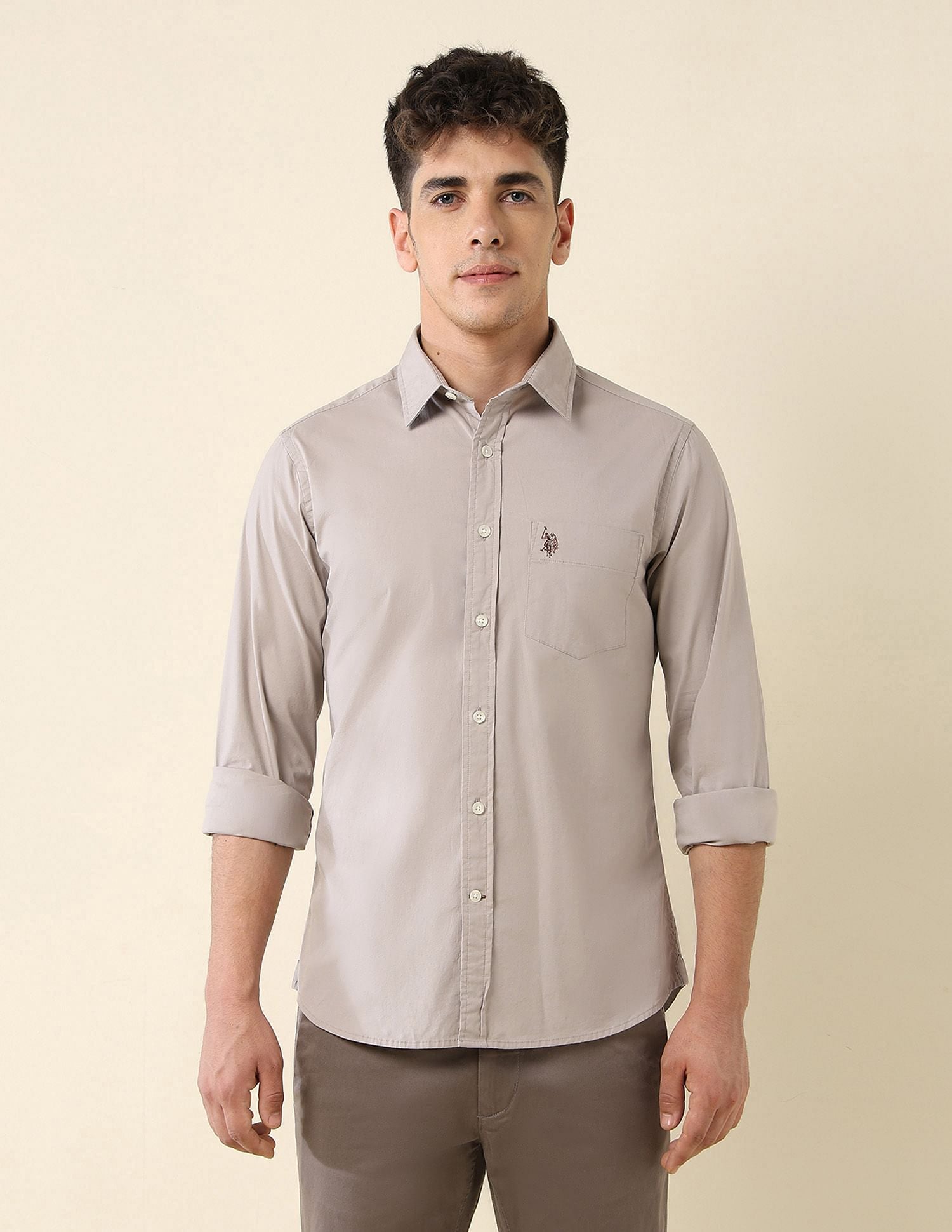 Poplin Solid Stretch Shirt Khaki - U.S. Polo Assn. India | Large