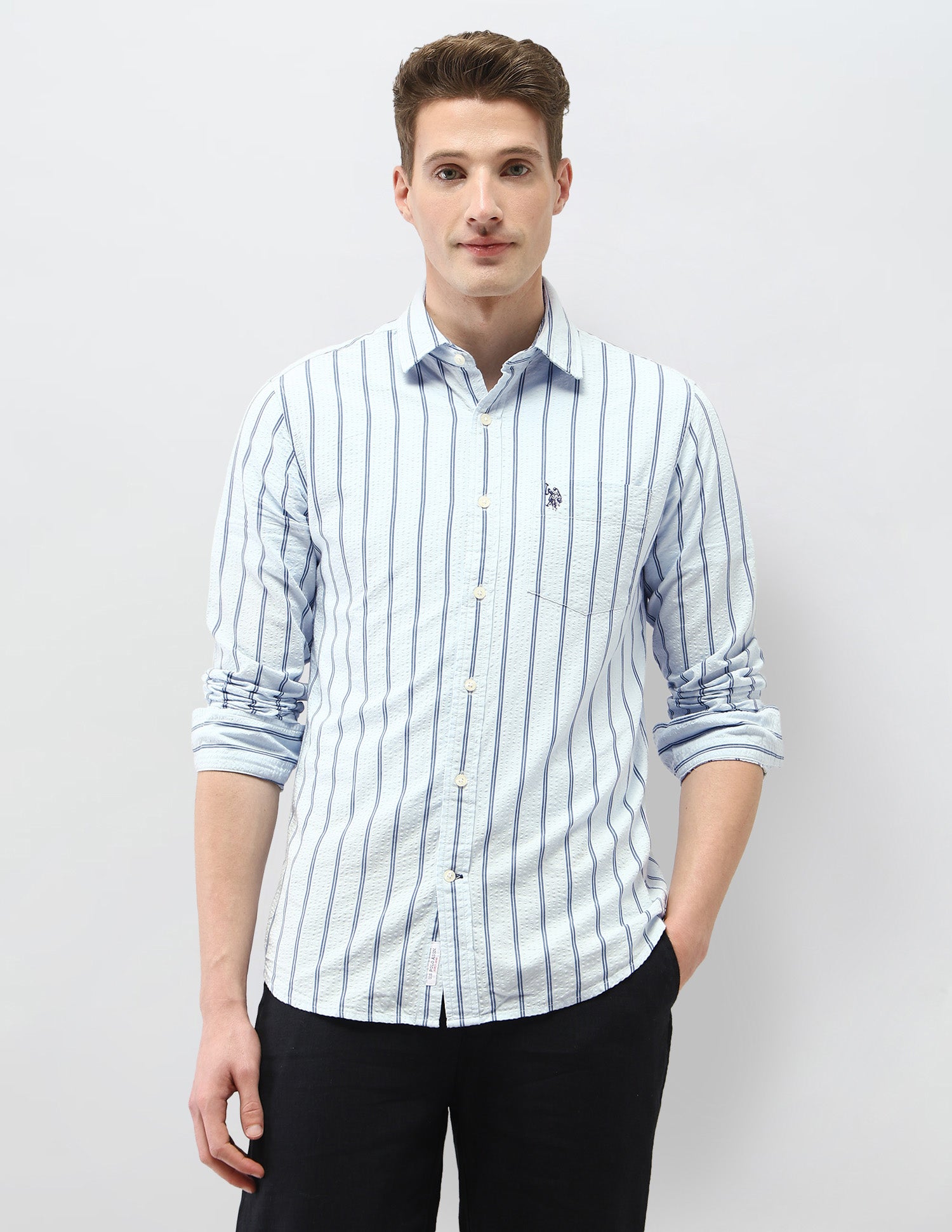 Vertical Striped Tailored Fit Shirt Light Blue - U.S. Polo Assn. India | Large