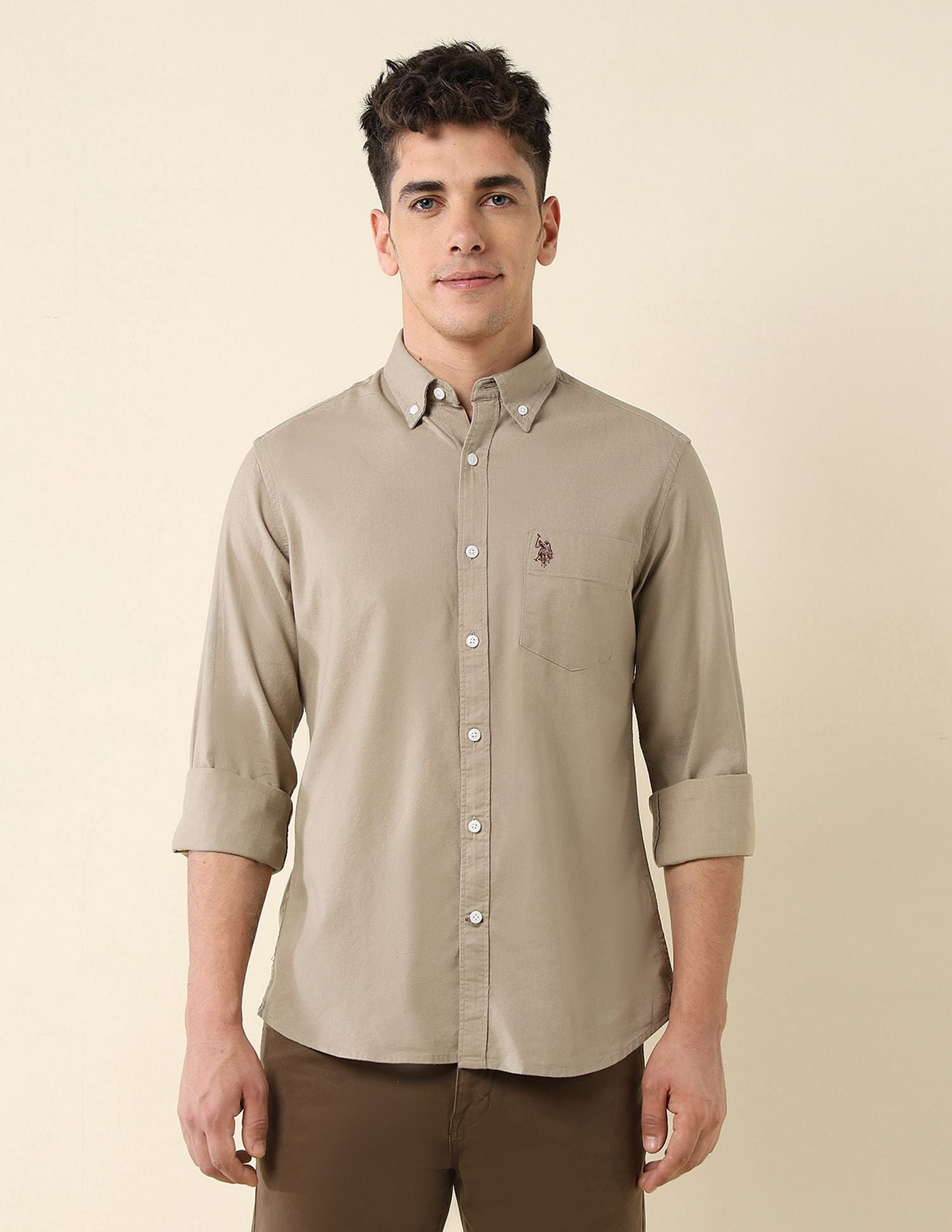 Oxford Stretch Button Down Shirt Light Khaki - U.S. Polo Assn. India | Large