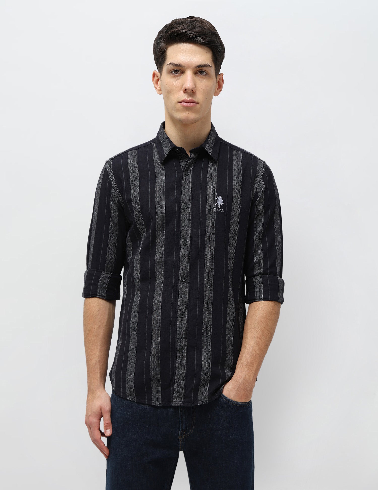Vertical Striped Self Design Dobby Shirt Dark Navy - U.S. Polo Assn. India | Large