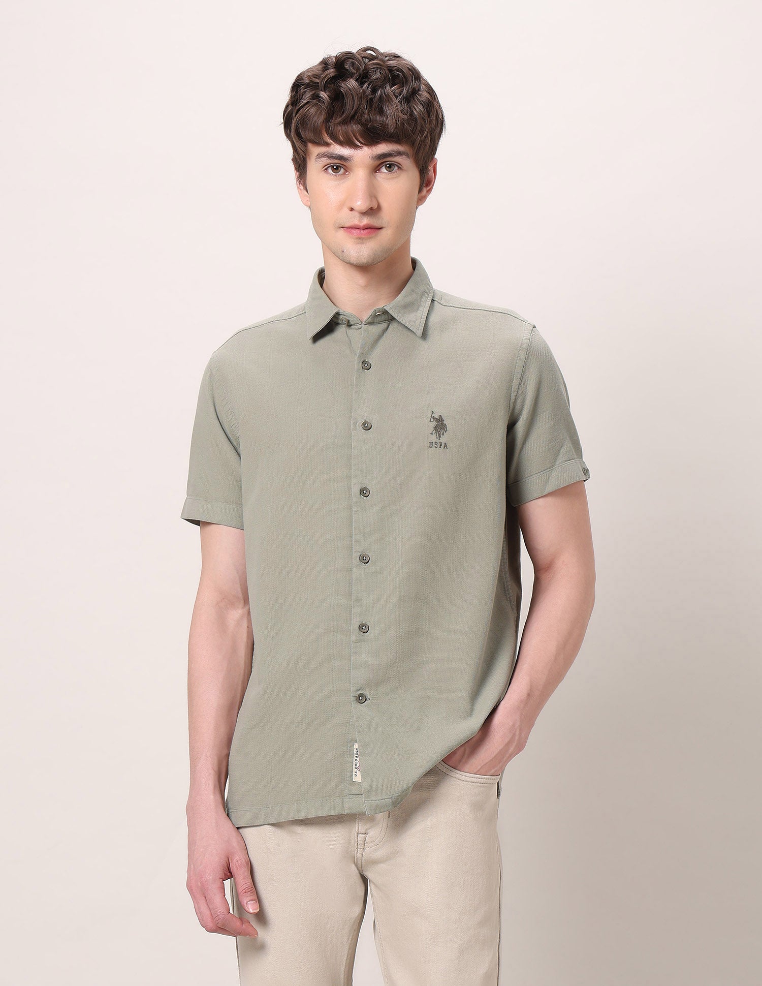 Pure Cotton Dobby Shirt Light Olive - U.S. Polo Assn. India | Large