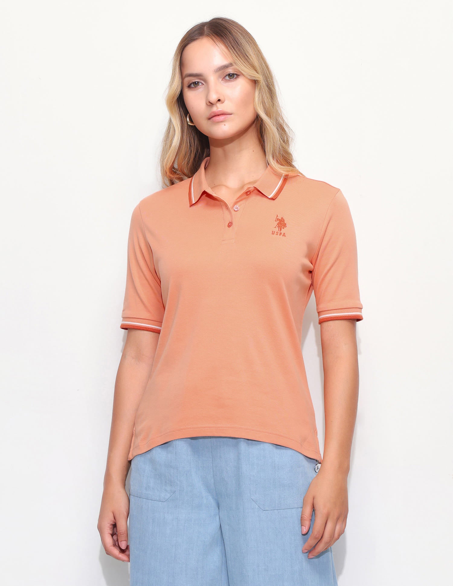 Solid Tipped Collar Regular Fit Polo Shirt Orange - U.S. Polo Assn. India | Large