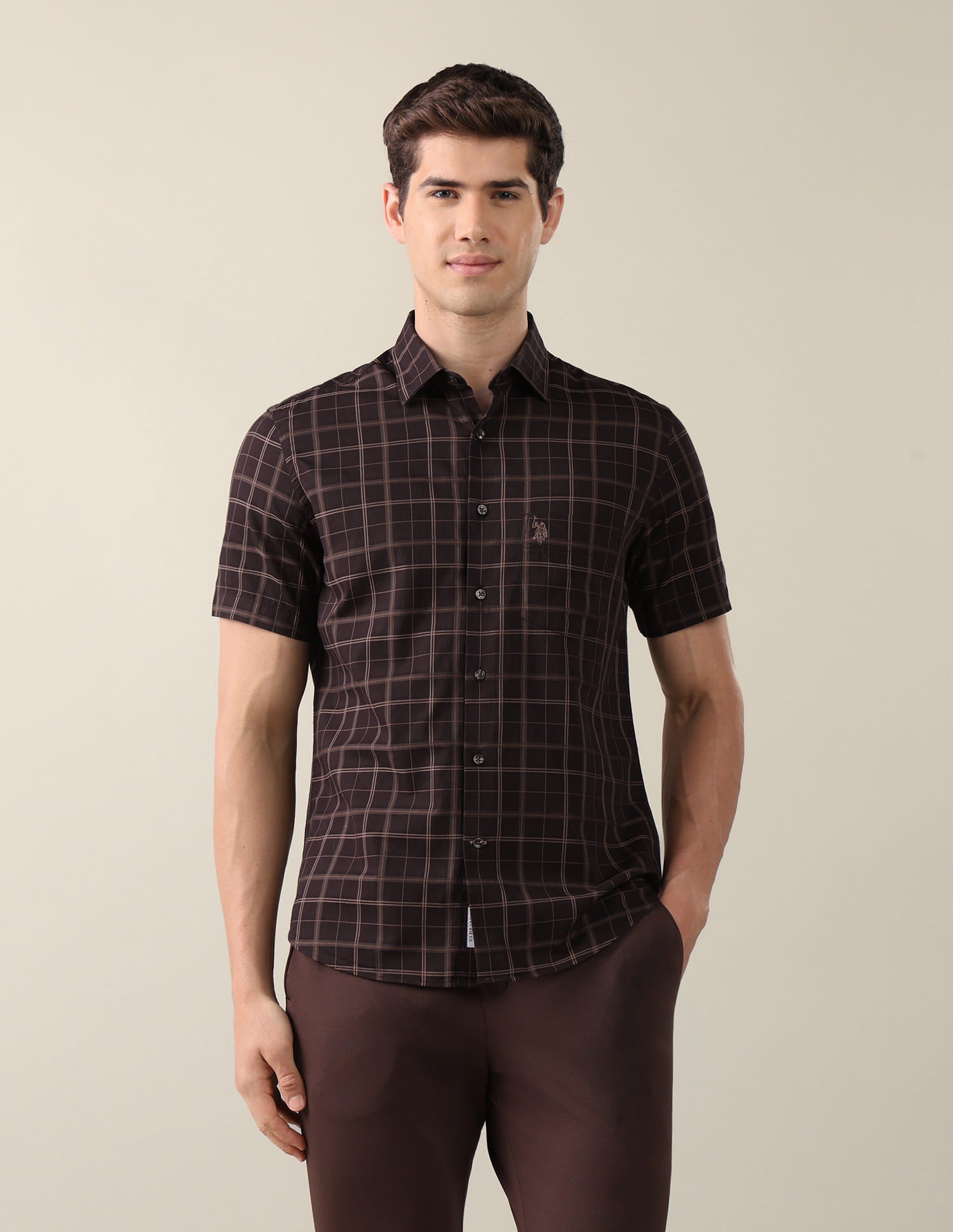 Grid Tattersall Checked Tailored Fit Shirt Brown - U.S. Polo Assn. India | Large