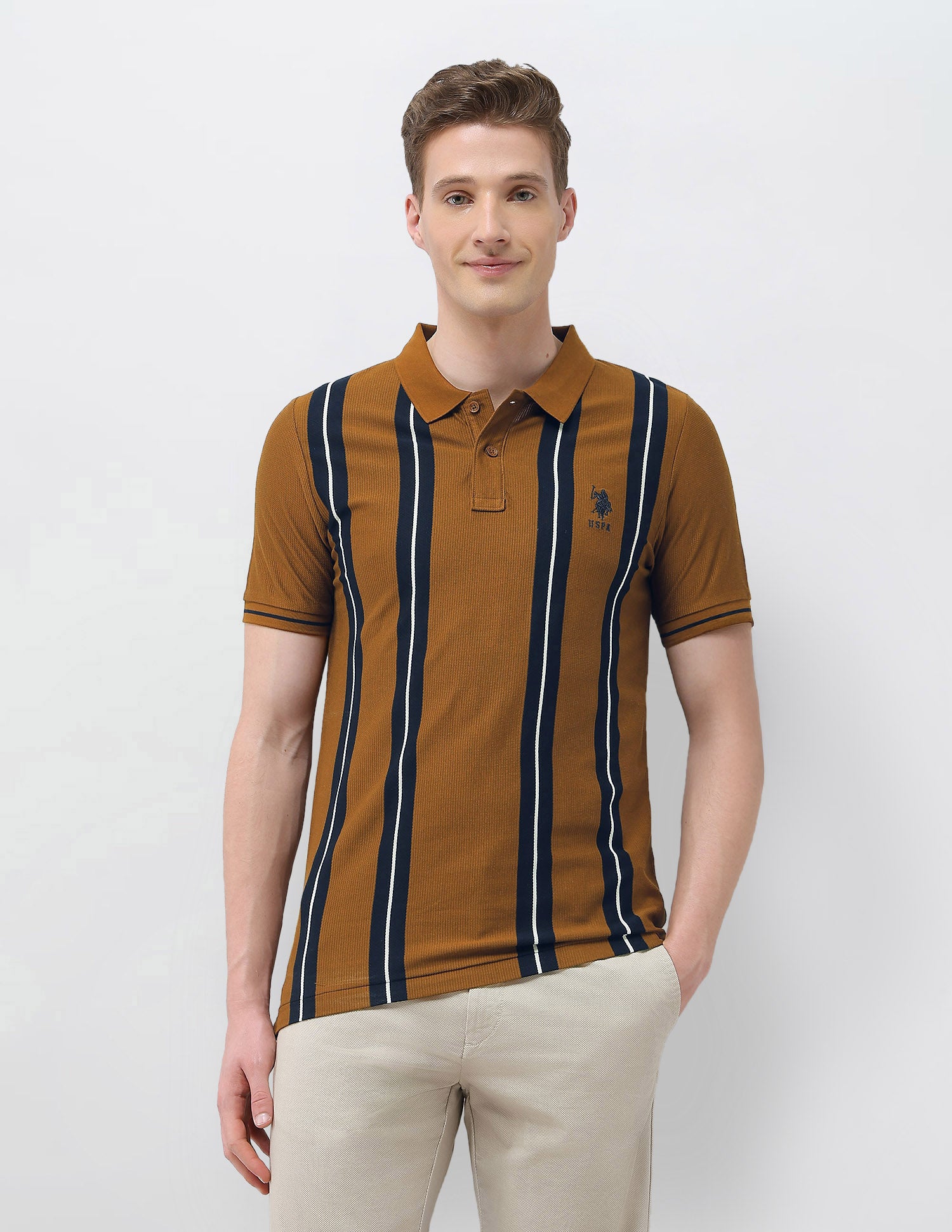 Vertical Striped Sotogrande Slim Fit Polo Shirt Brown - U.S. Polo Assn. India | Large