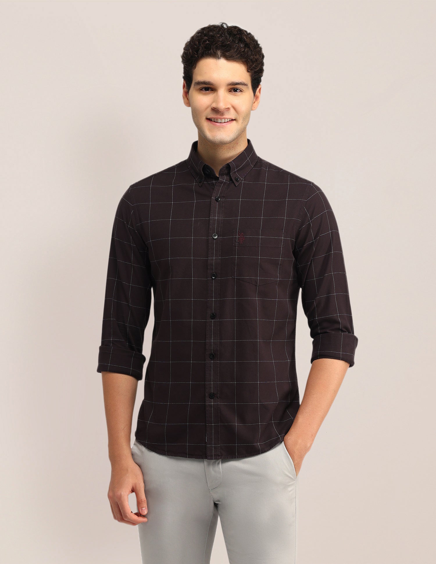 Windowpane Checked Tailored Fit Shirt Maroon - U.S. Polo Assn. India | Large