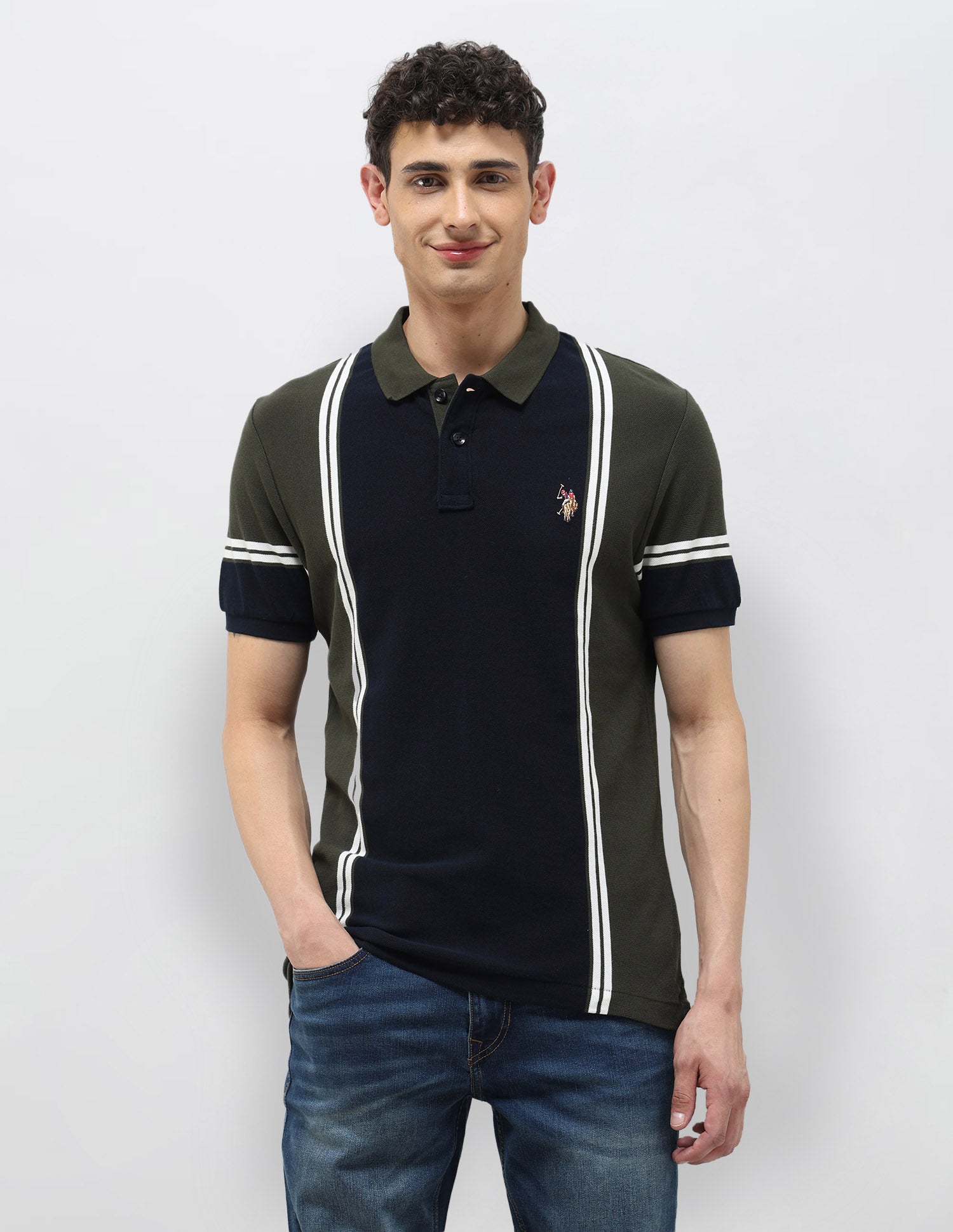 Colorblocked Vertical Striped Polo Shirt Olive - U.S. POLO ASSN. | Large