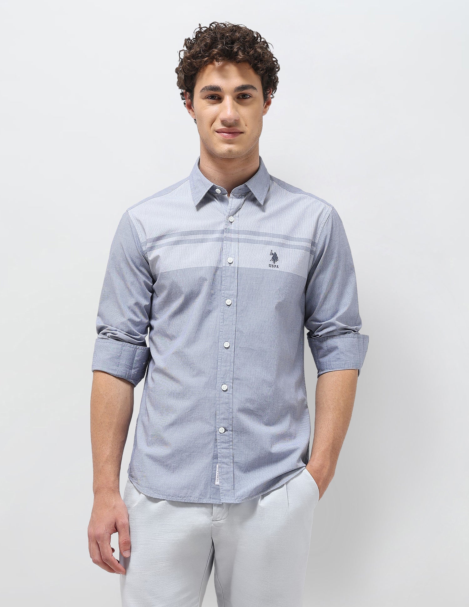 Solid Stripe Detail Regular Fit Shirt Blue - U.S. Polo Assn. India | Large