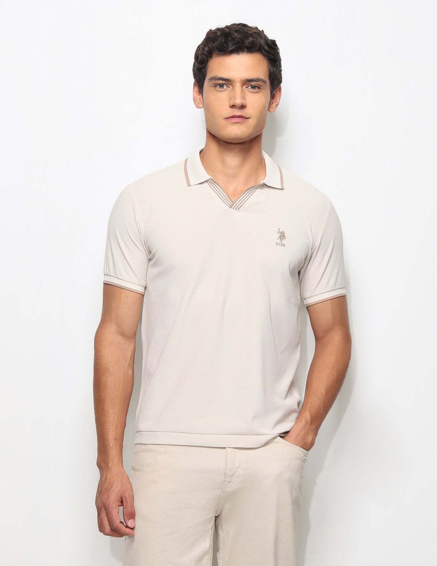 Textured Slim Fit Polo Shirt Beige - U.S. Polo Assn. India | Large