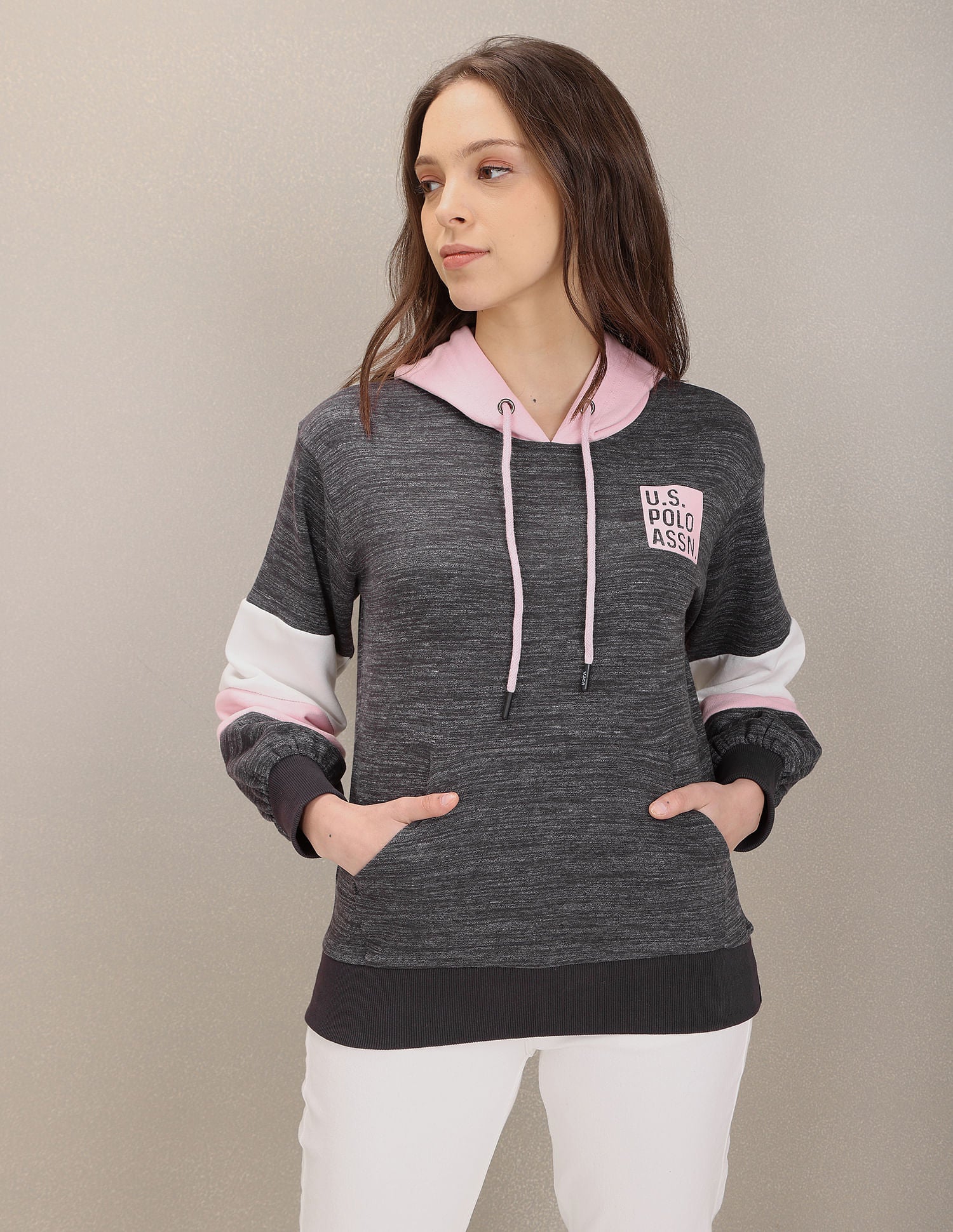 Hooded Panelled Sleeve Heathered Sweatshirt Grey - U.S. Polo Assn. India | Large
