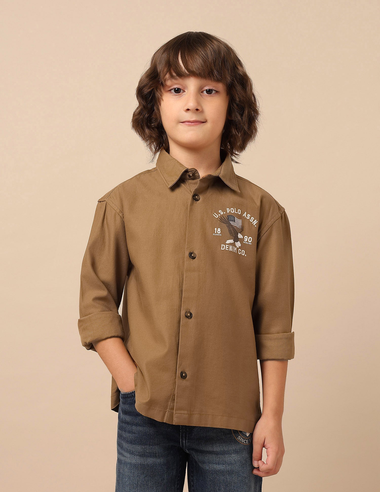 Boys Graphic Brand Embroidered Shirt Khaki - U.S. Polo Assn. India | Large