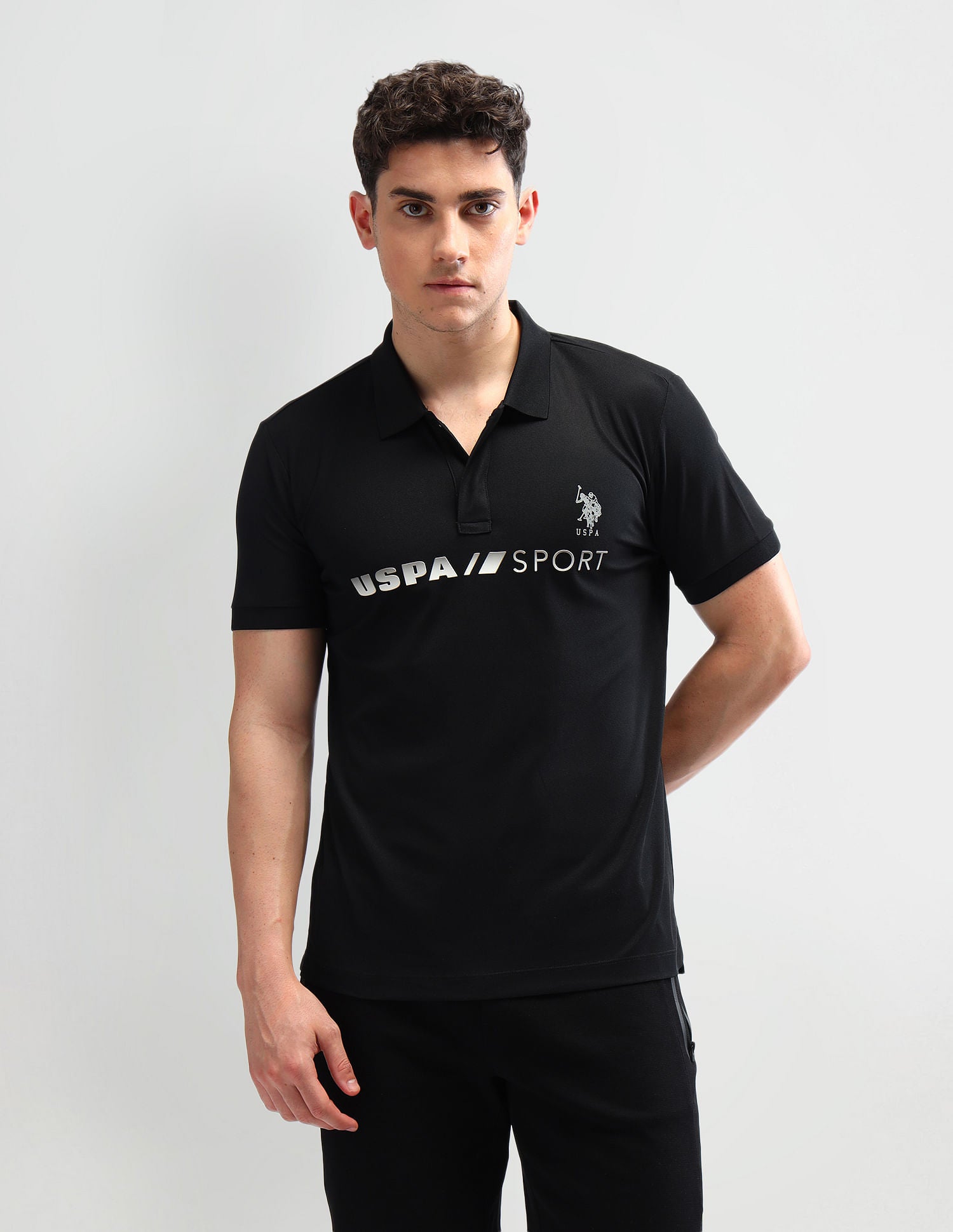 Slim Fit Printed Polo Shirt Black - U.S. Polo Assn. India | Large