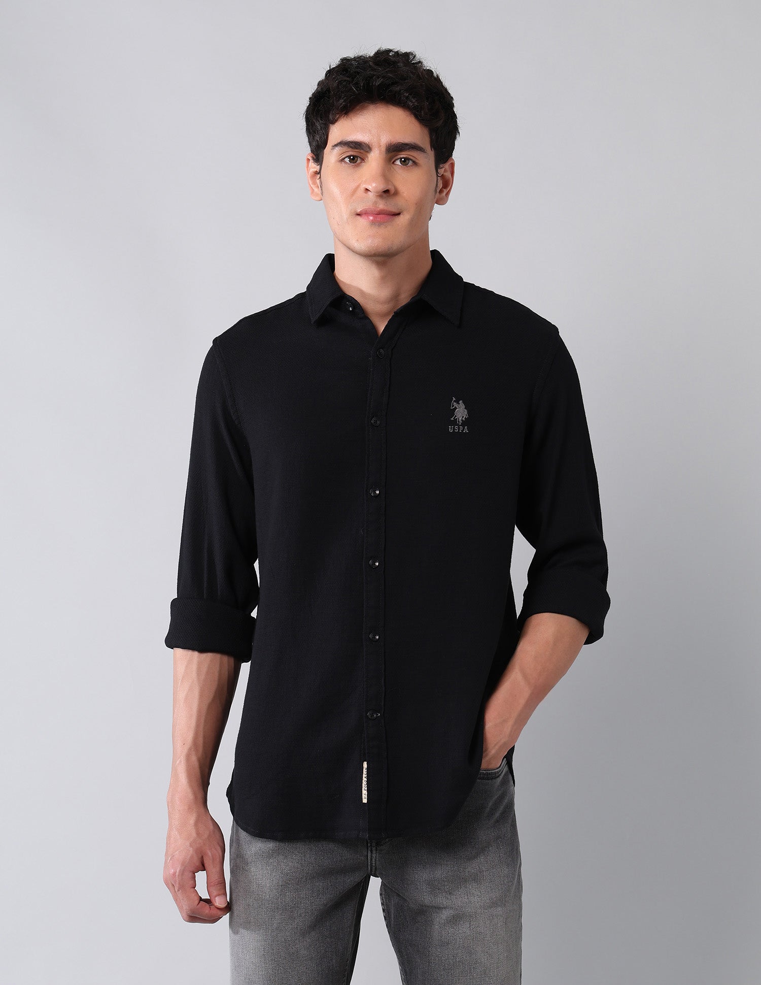 Pure Cotton Regular Fit Dobby Shirt Black - U.S. Polo Assn. India | Large