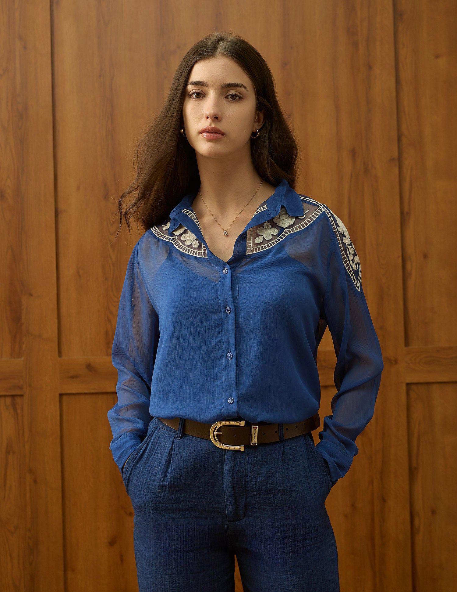 Chiffon Sheer Floral Embroidered Shirt Blue - U.S. Polo Assn. India | Large