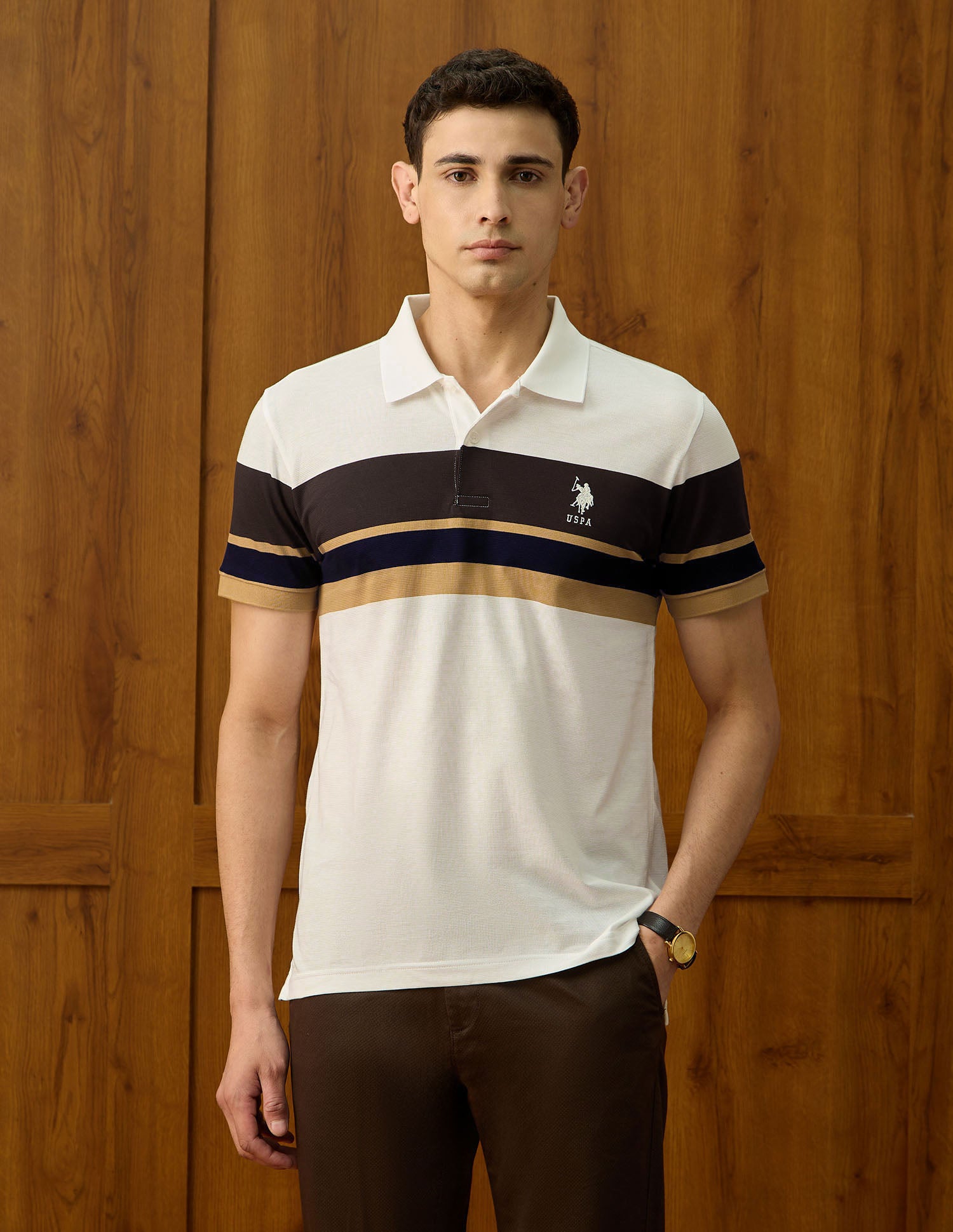 Colourblocked Equestrian Aisle Theater Polo Shirt Beige - U.S. POLO ASSN. | Large