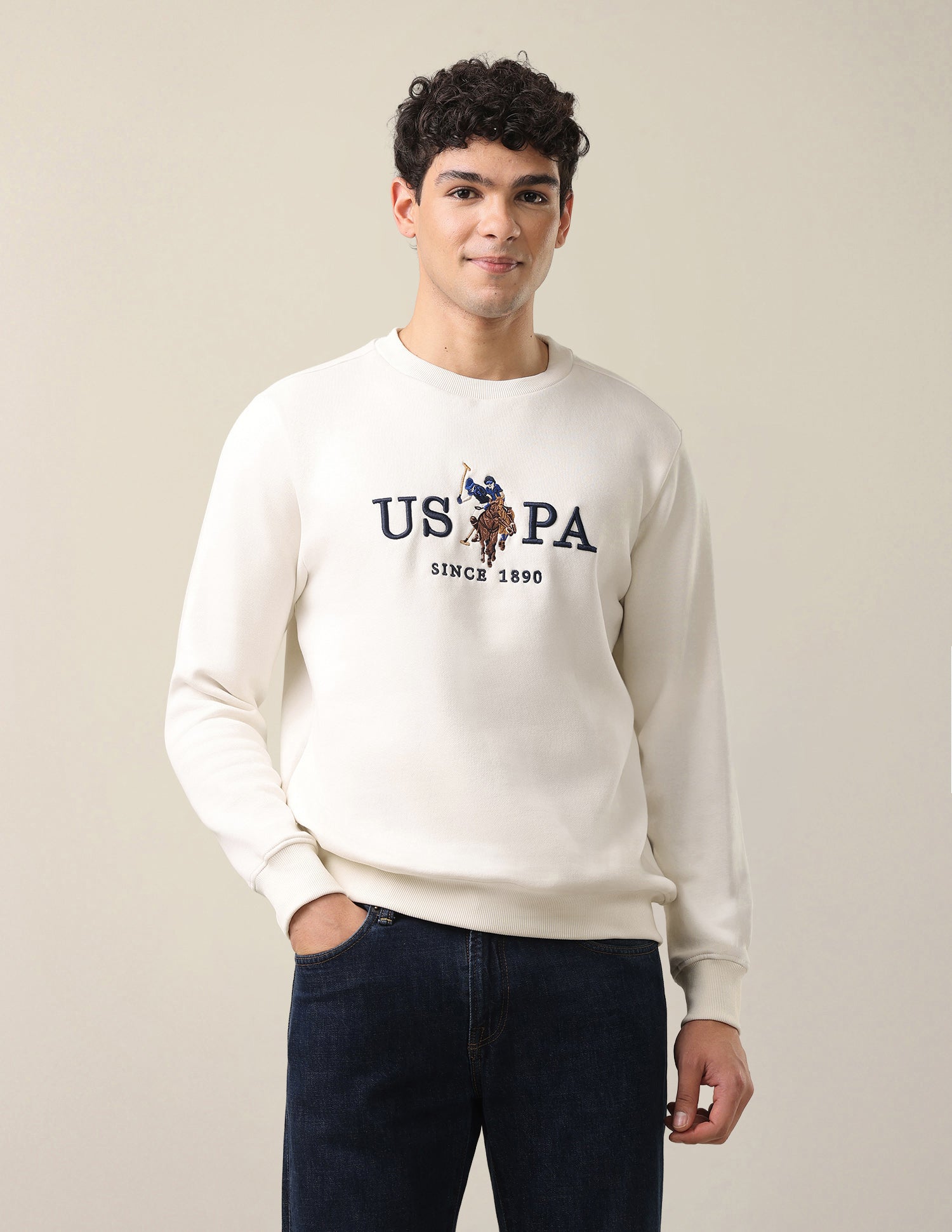 Brand Embroidered Slim Fit Sweatshirt Off White - U.S. Polo Assn. India | Large