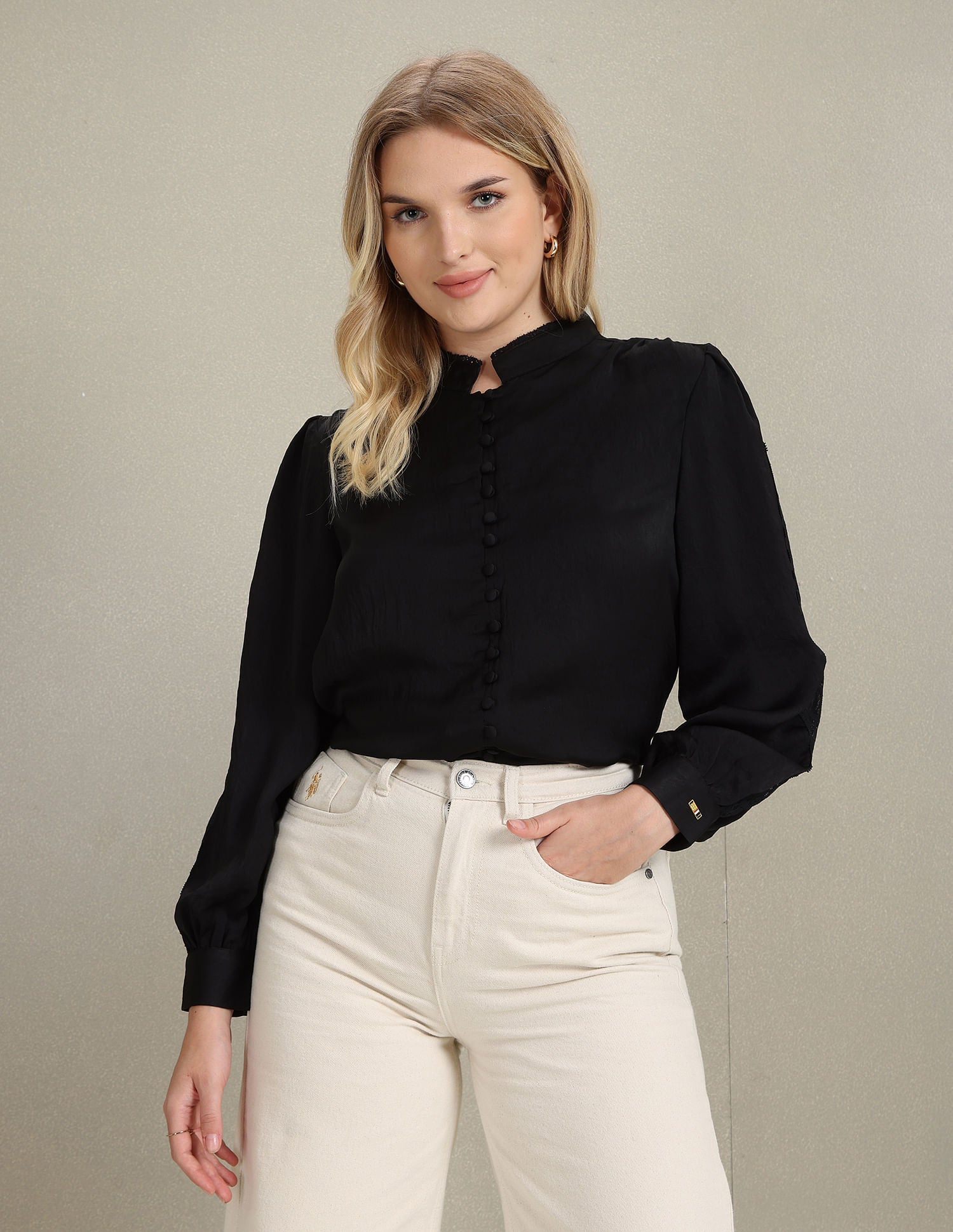 Lace Detail Solid Shirt Black - U.S. POLO ASSN. | Large