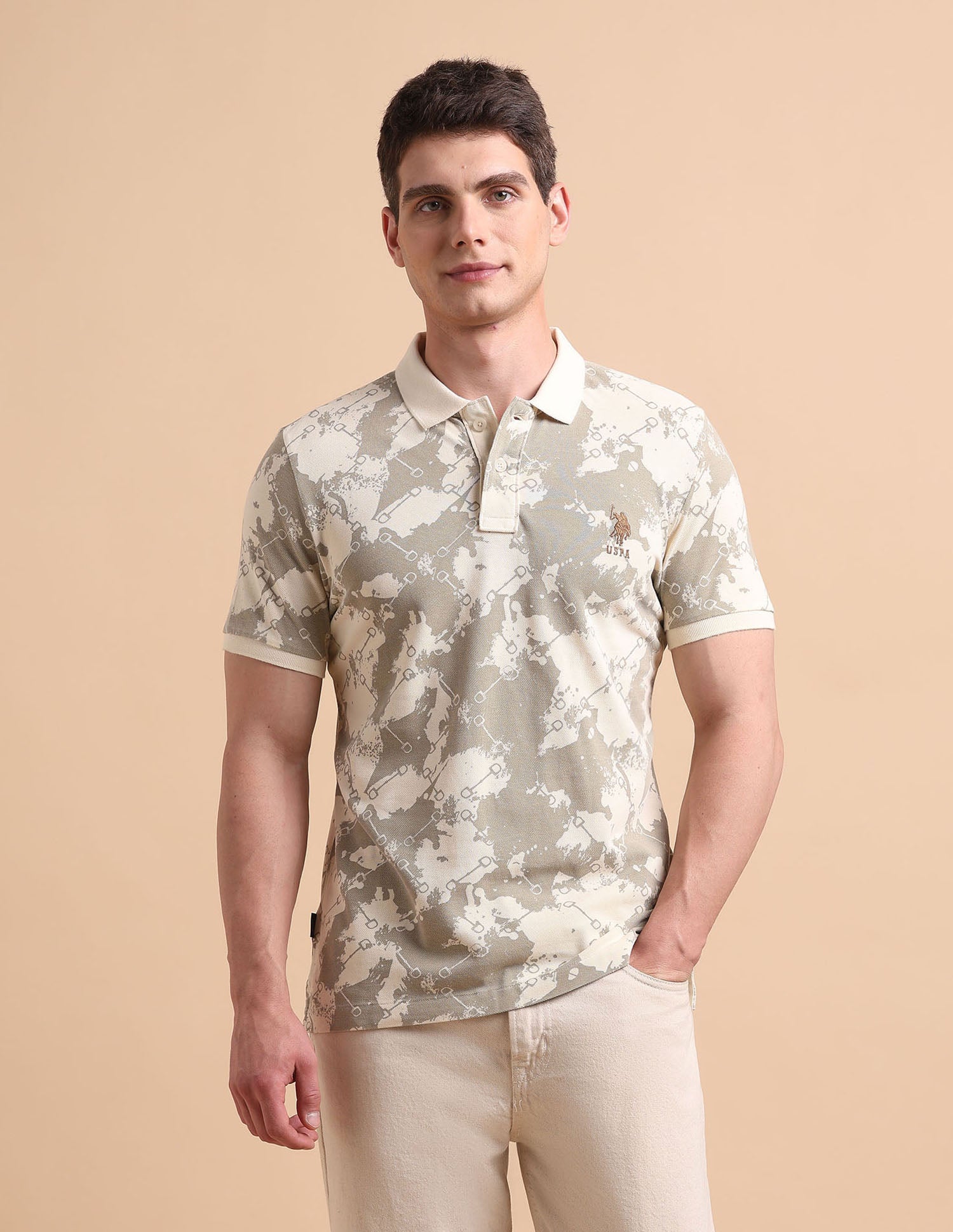 Abstract Printed Pure Cotton Polo Shirt Beige - U.S. POLO ASSN. | Large