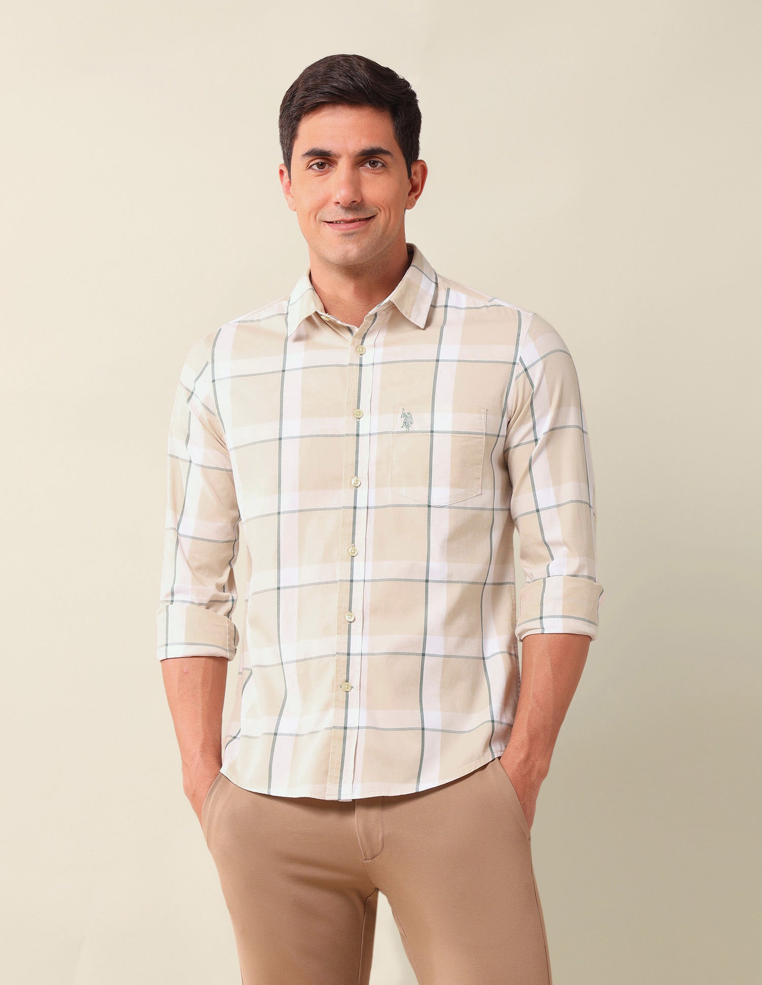 Windowpane Checked Tailored Fit Shirt Beige - U.S. Polo Assn. India | Large
