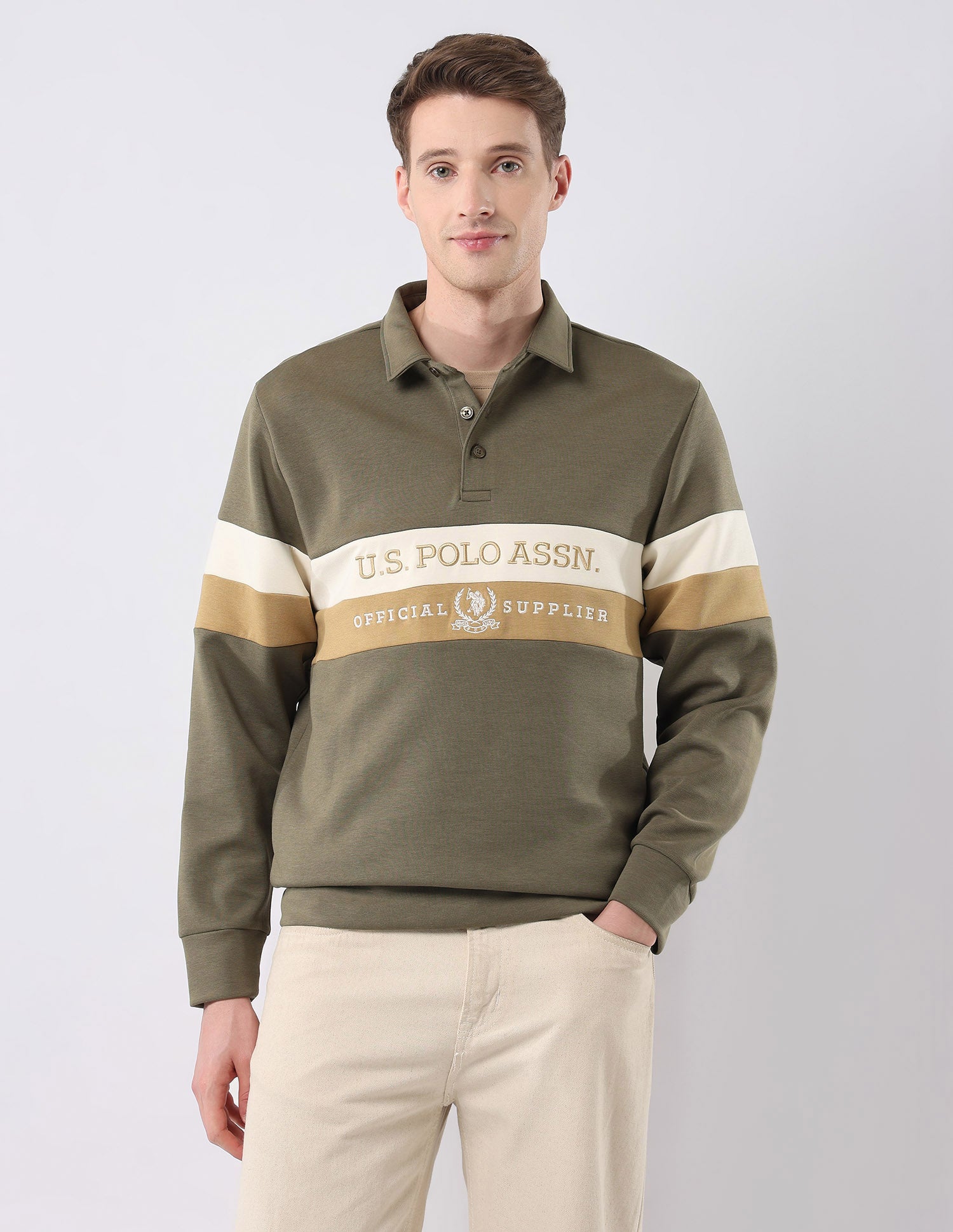 Brand Embroidered Regular Fit Sweatshirt Light Olive - U.S. POLO ASSN. | Large