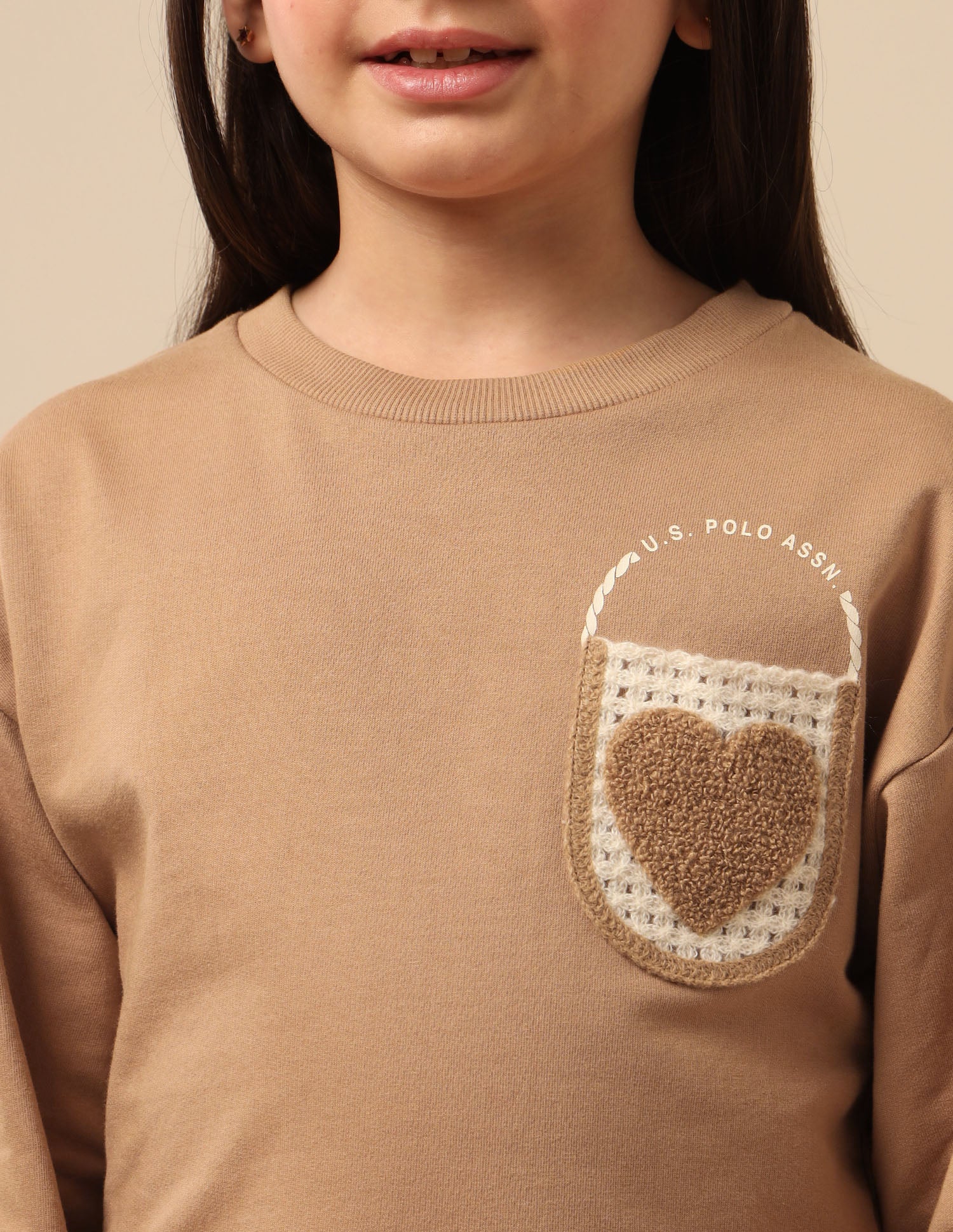 Girls Solid Comfort Fit Sweatshirt Light Brown - U.S. POLO ASSN. | Large