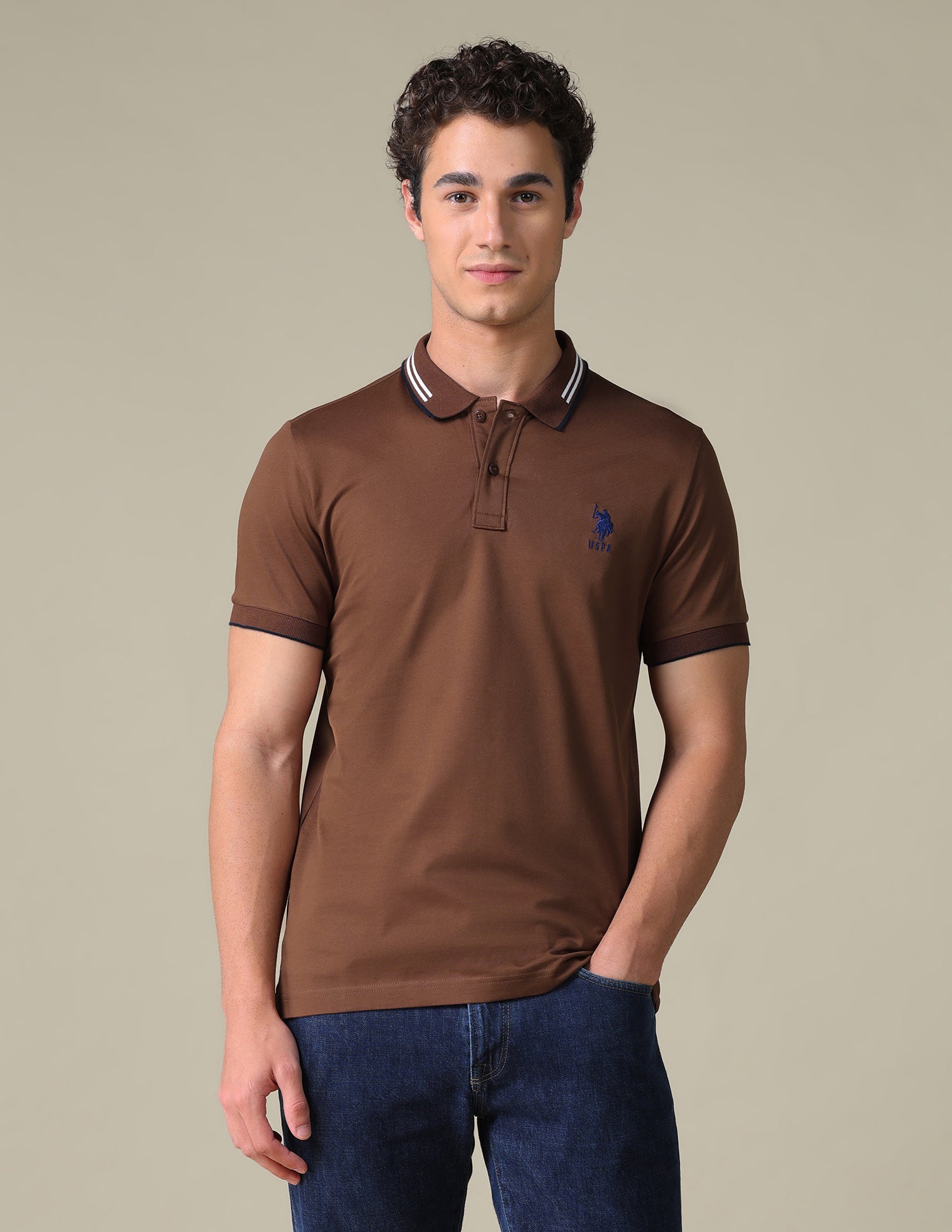Regular Fit Solid Polo Shirt Light Brown - U.S. Polo Assn. India | Large