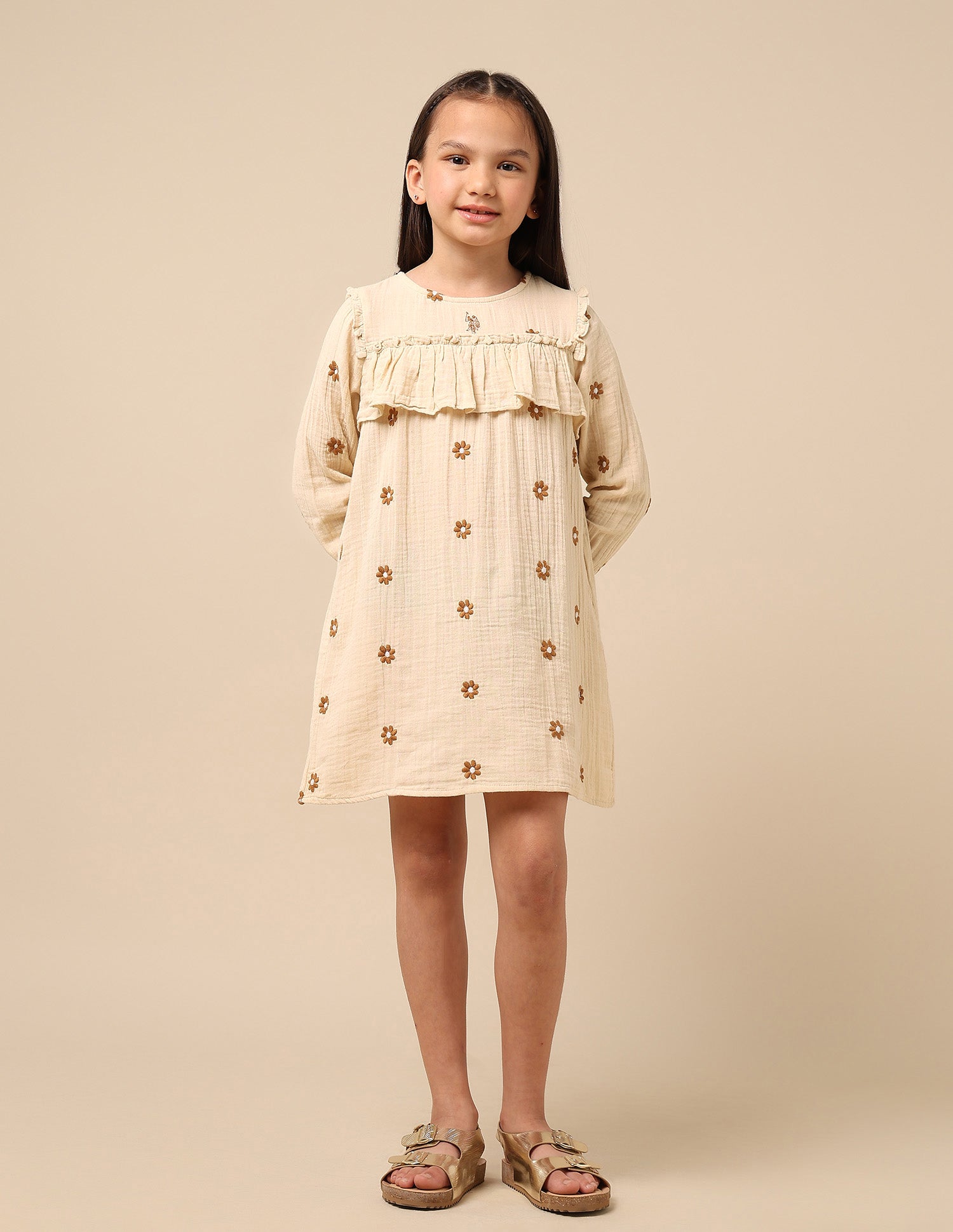 Girls Floral Embroidered A-Line Dress Beige - U.S. POLO ASSN. | Large