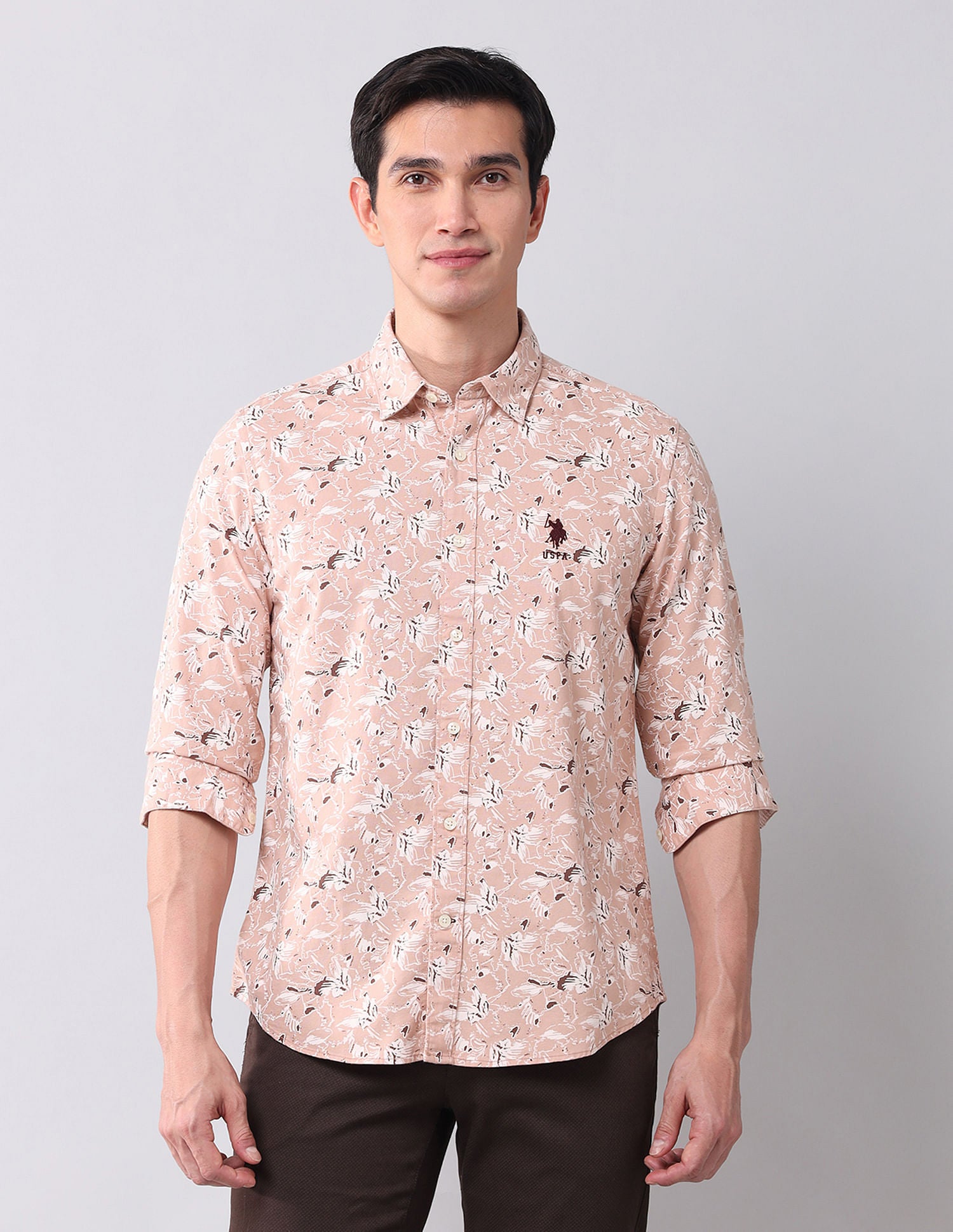 Regular Fit Dobby Printed Shirt Light Brown - U.S. POLO ASSN. | Large