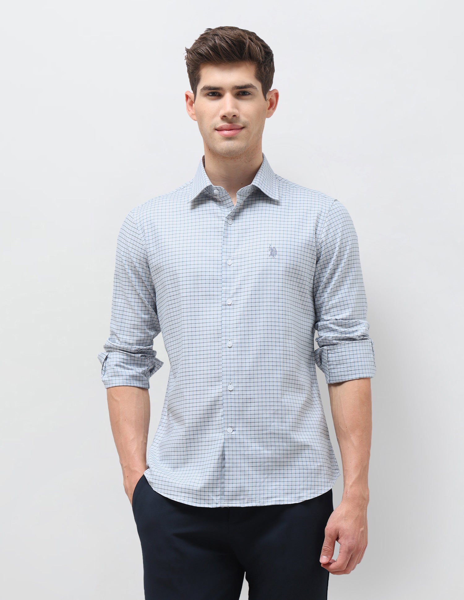 Twill Self Design Graph Checked Shirt Blue - U.S. Polo Assn. India | Large