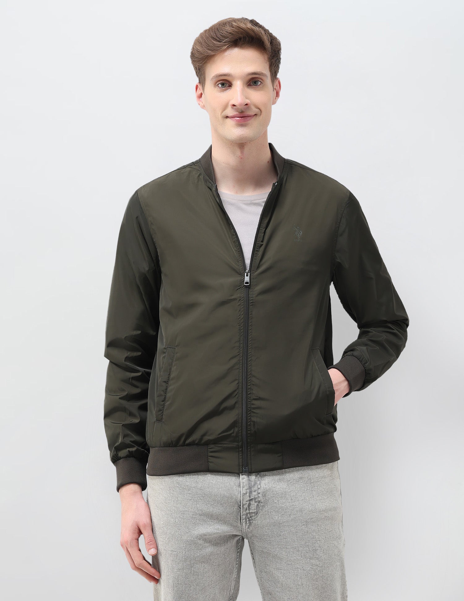 Solid Regular Fit Bomber Jacket Olive - U.S. Polo Assn. India | Large