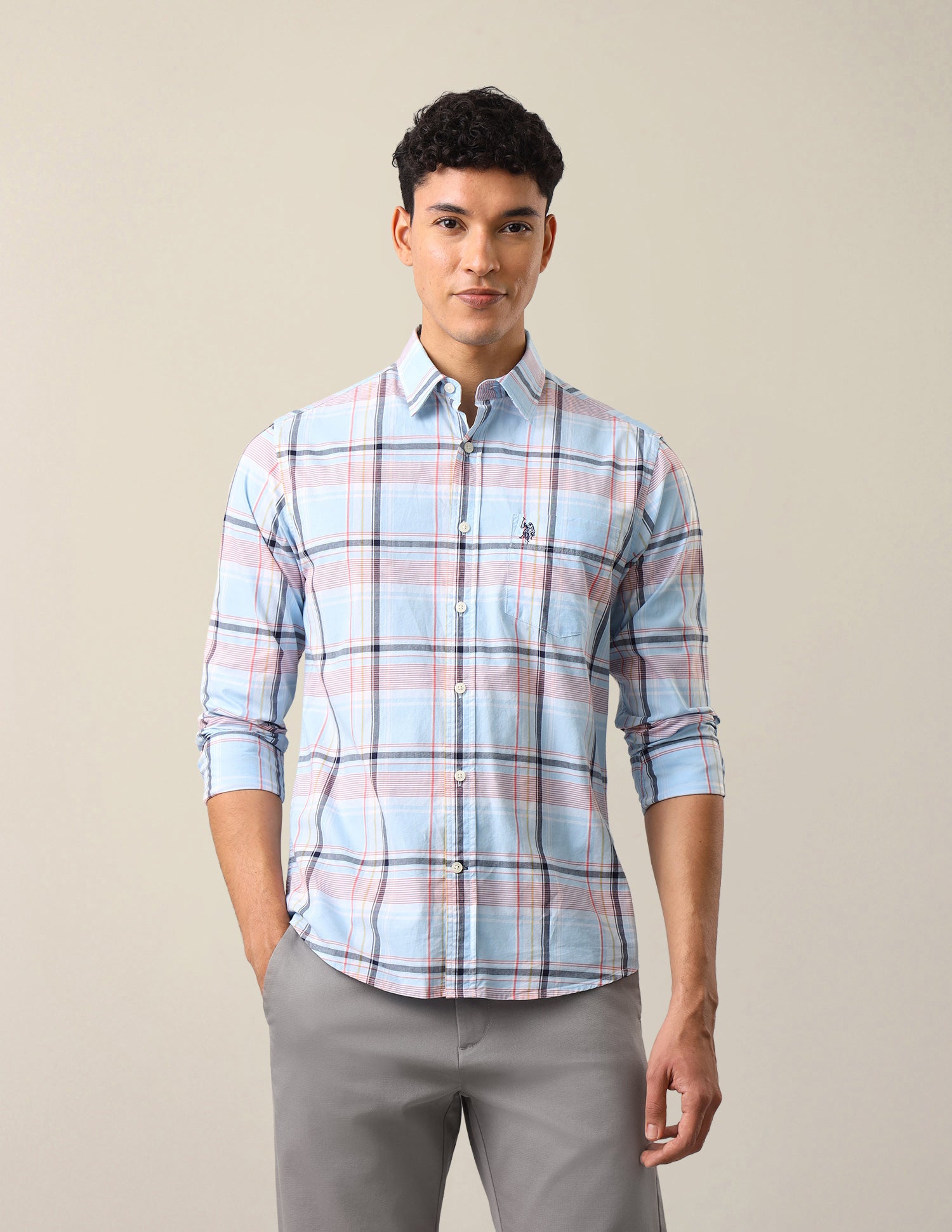 Plaid Checked Tailored Fit Shirt Light Blue - U.S. Polo Assn. India | Large