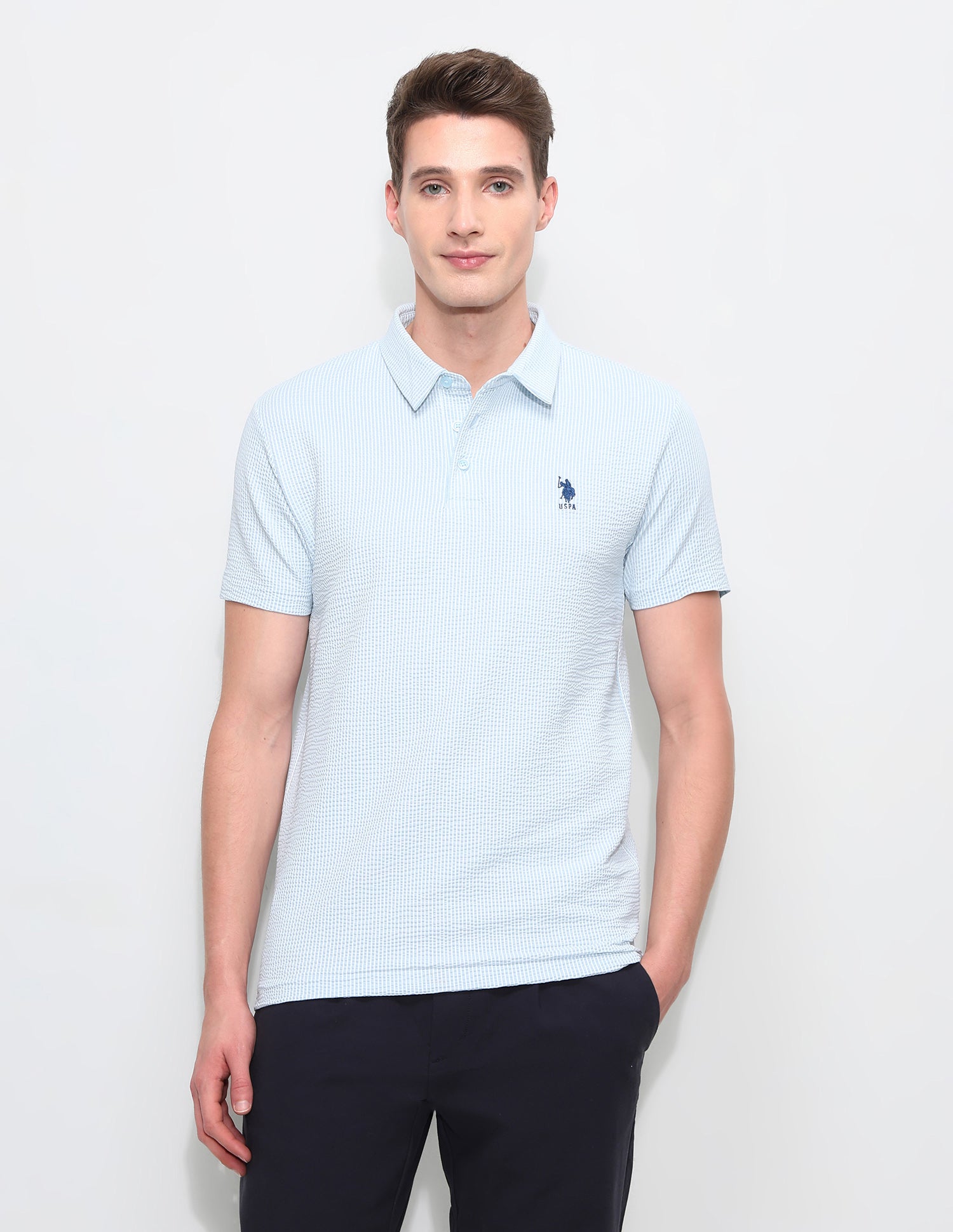 Textured White Harbour Polo Shirt Light Blue - U.S. Polo Assn. India | Large