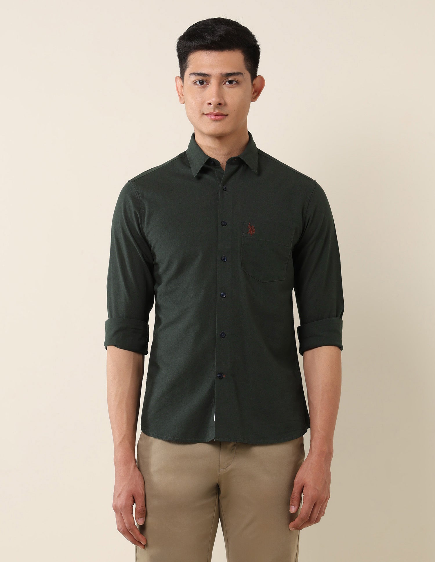 Tailored Fit Twill Shirt Dark Olive - U.S. Polo Assn. India | Large