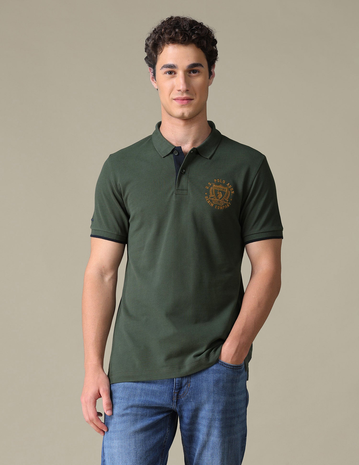 Solid Slim Fit Polo Shirt Olive - U.S. Polo Assn. India | Large