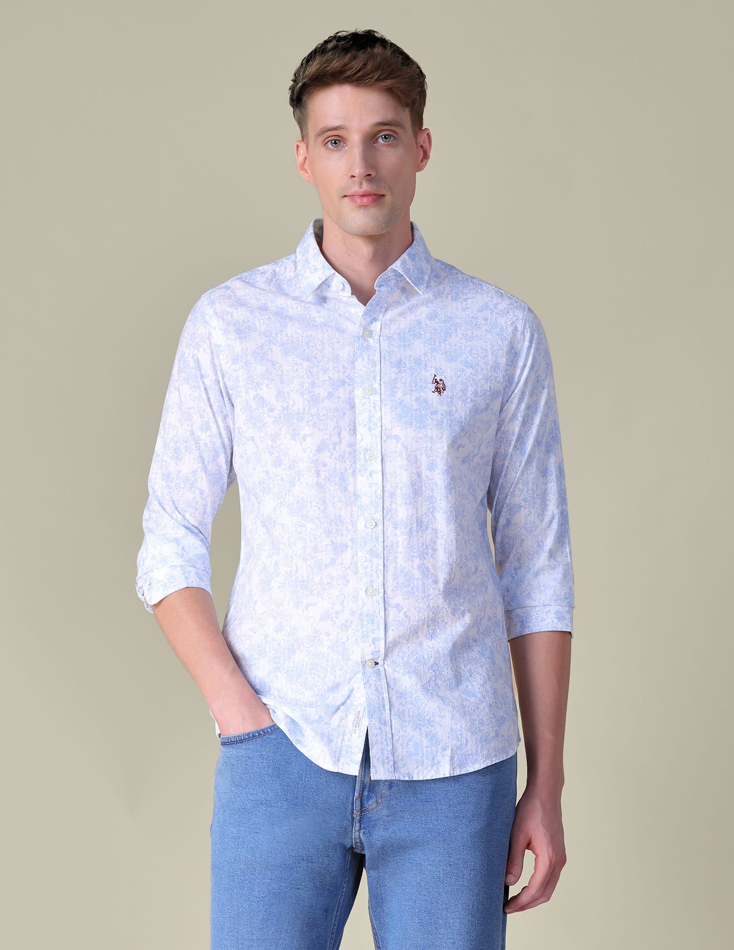 Floral Printed Tailored Fit Shirt Light Blue - U.S. Polo Assn. India | Large