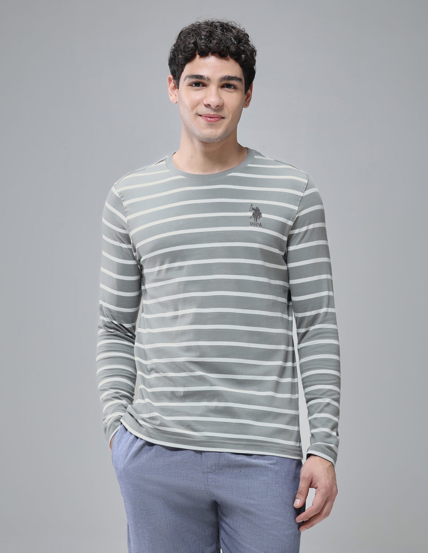 Horizontal Striped Pure Cotton I689 Lounge T-Shirt - Pack Of 1 Ghost Grey / White - U.S. Polo Assn. India | Large