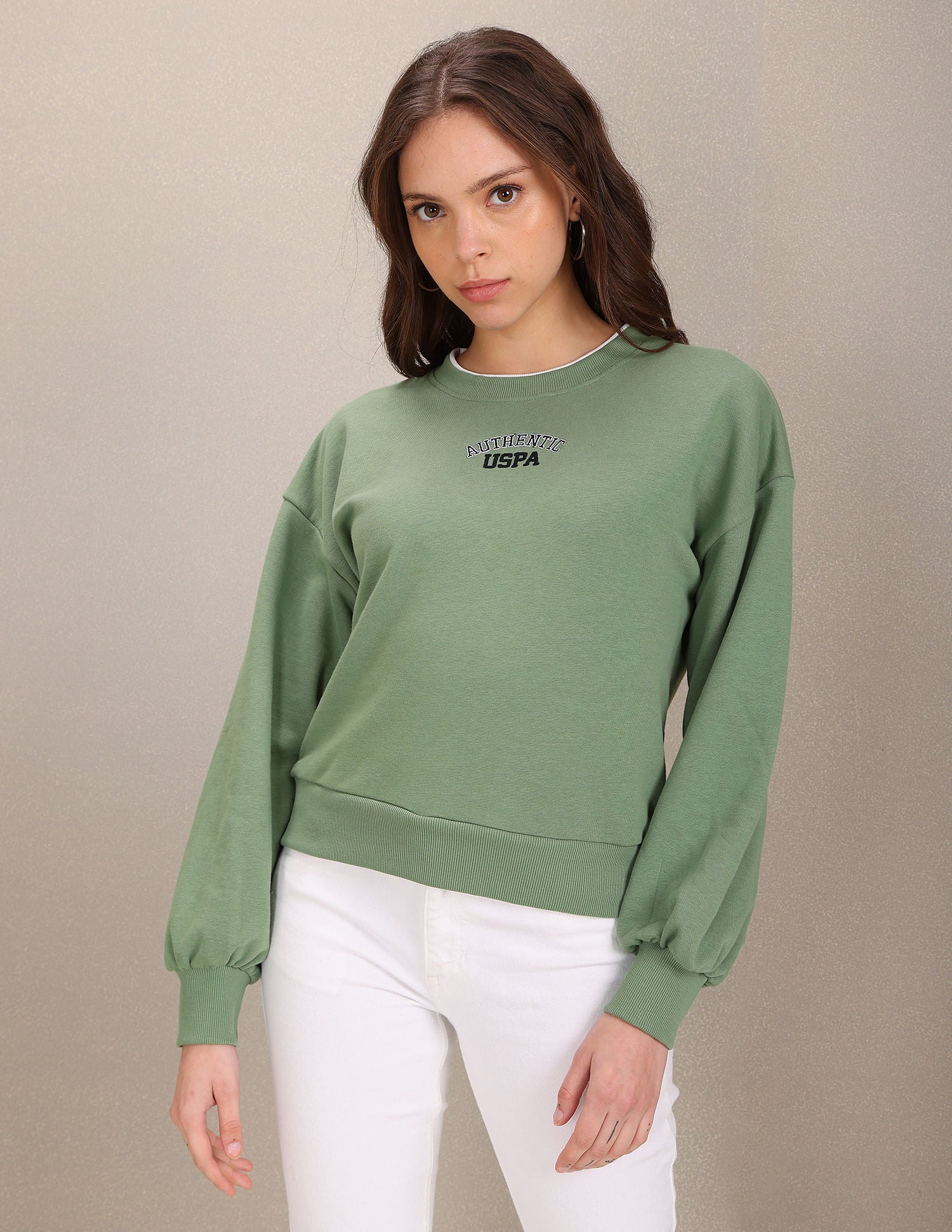 Tipped Crew Neck Solid Sweatshirt Green - U.S. Polo Assn. India | Large