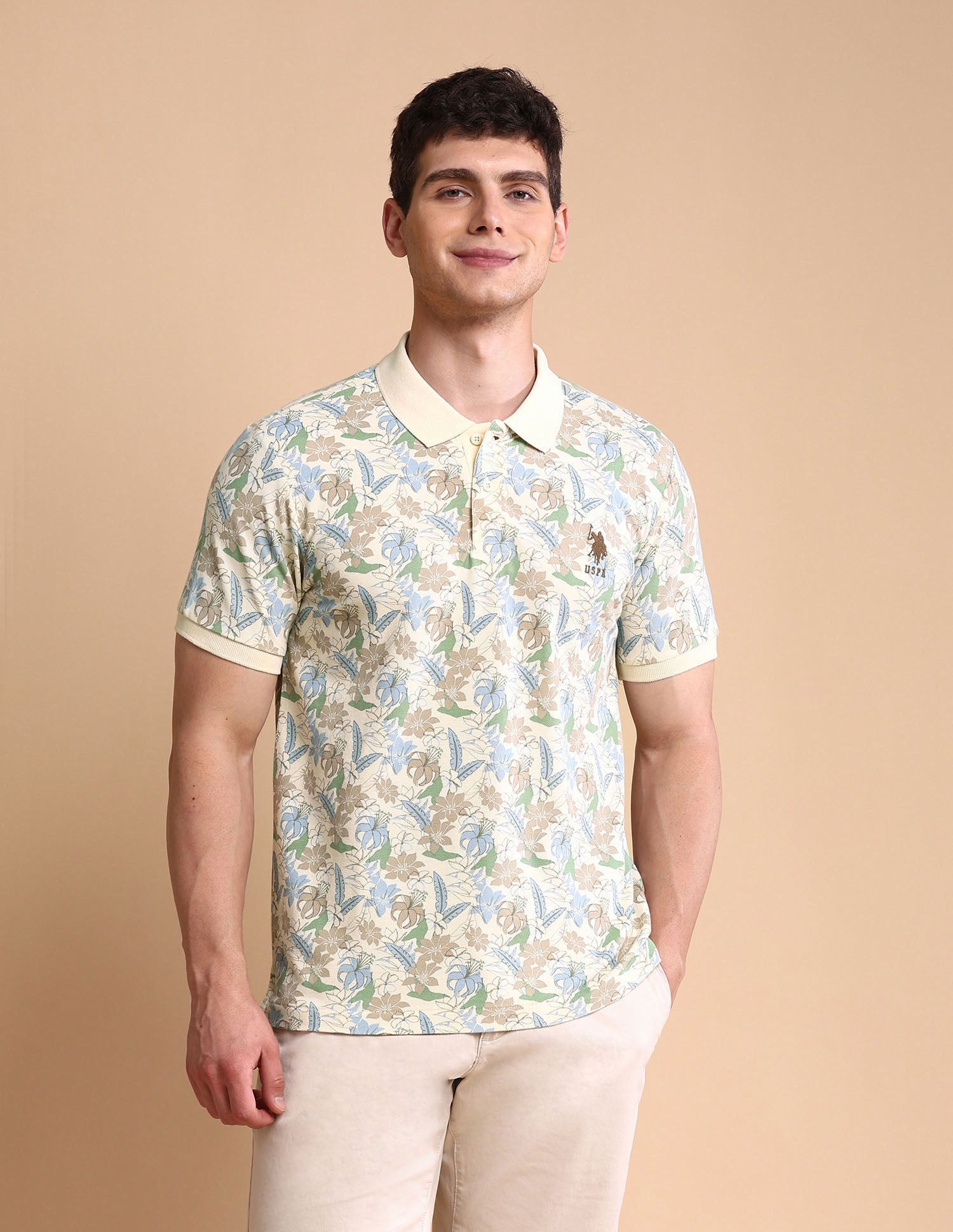 Floral Printed Slim Fit Polo Shirt Beige - U.S. POLO ASSN. | Large