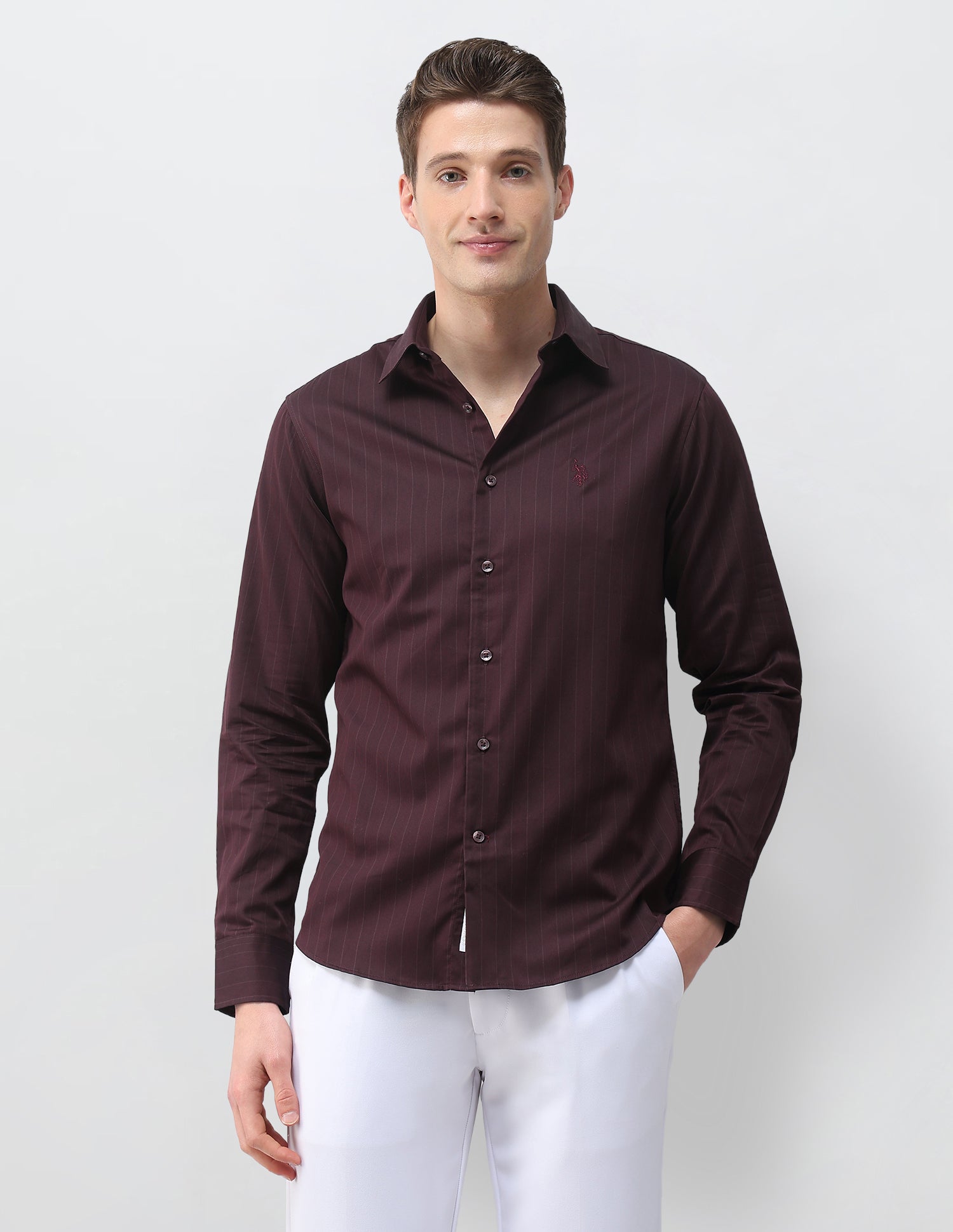 Vertical Striped Satin Shirt Burgundy - U.S. Polo Assn. India | Large