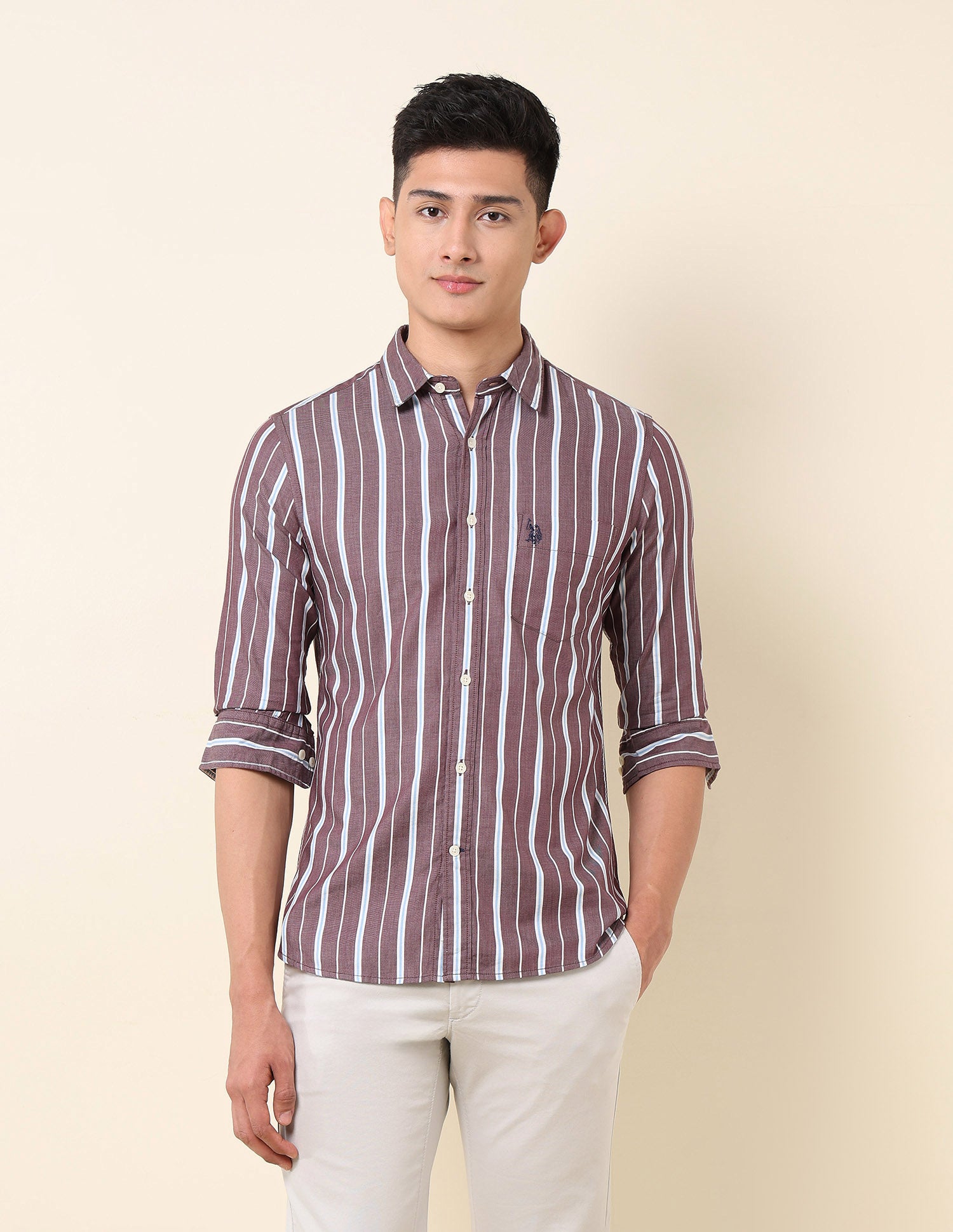 Pure Cotton Vertical Striped Shirt Choco - U.S. Polo Assn. India | Large