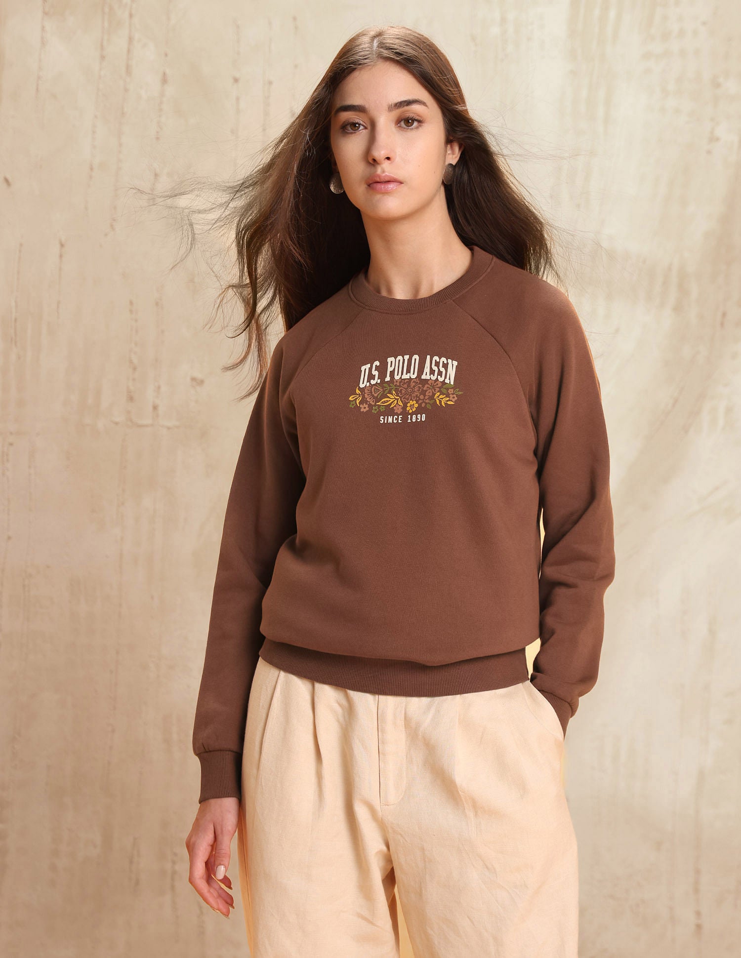 Raglan Fit Brand Printed Sweatshirt Dark Brown - U.S. POLO ASSN. | Large