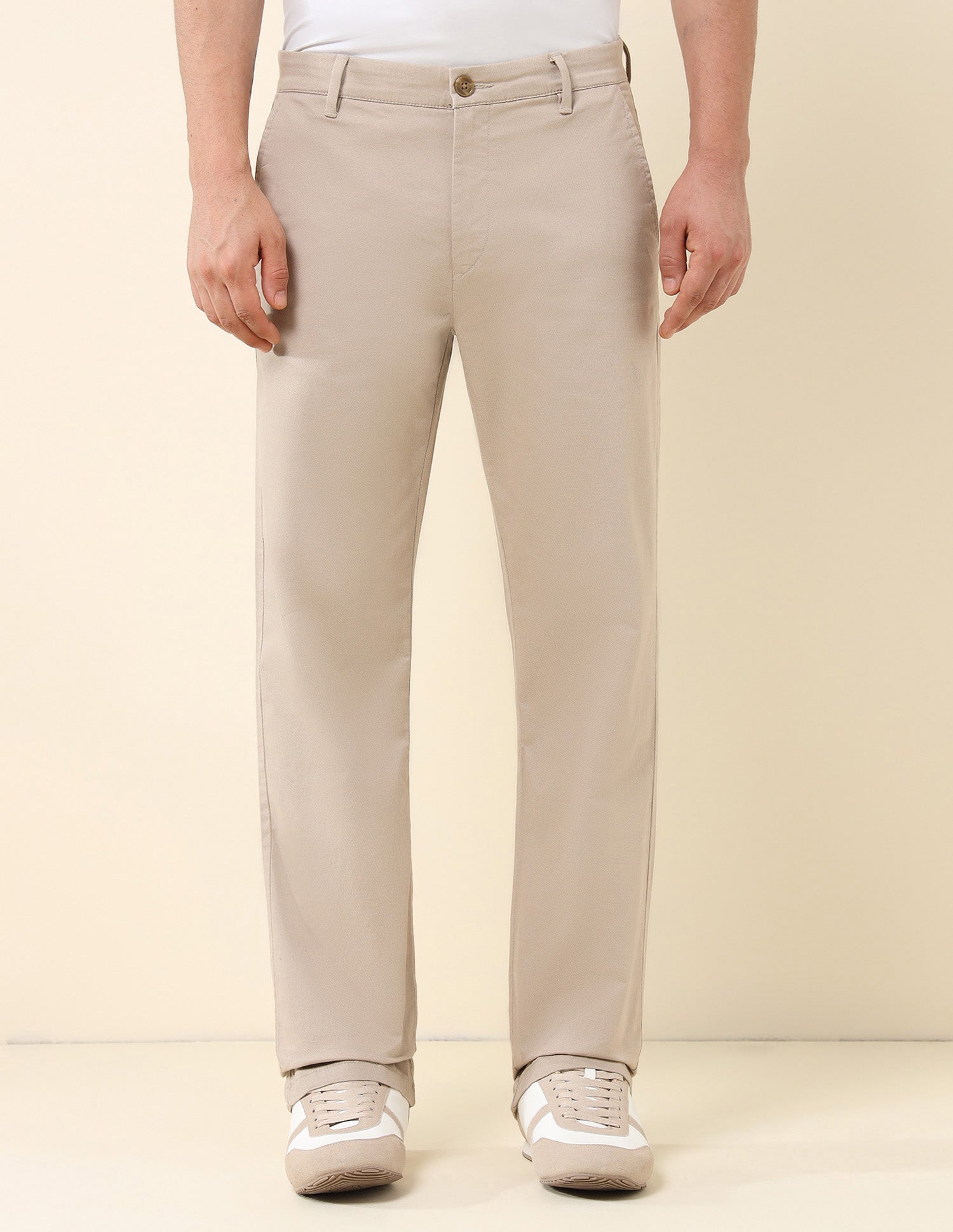 Riley Straight Fit Satin Print Trousers Beige - U.S. Polo Assn. India | Large