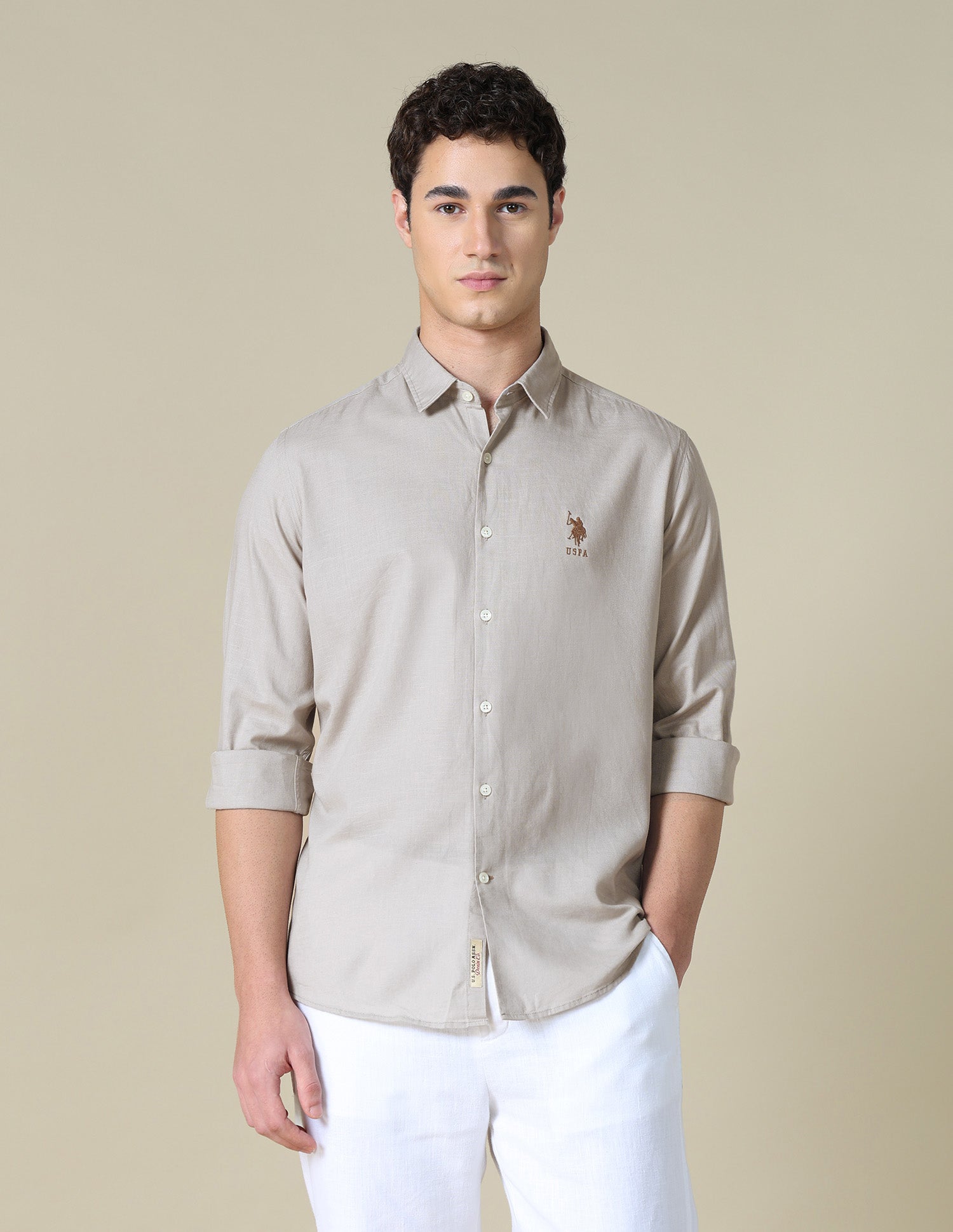 Solid Regular Fit Shirt Beige - U.S. Polo Assn. India | Large