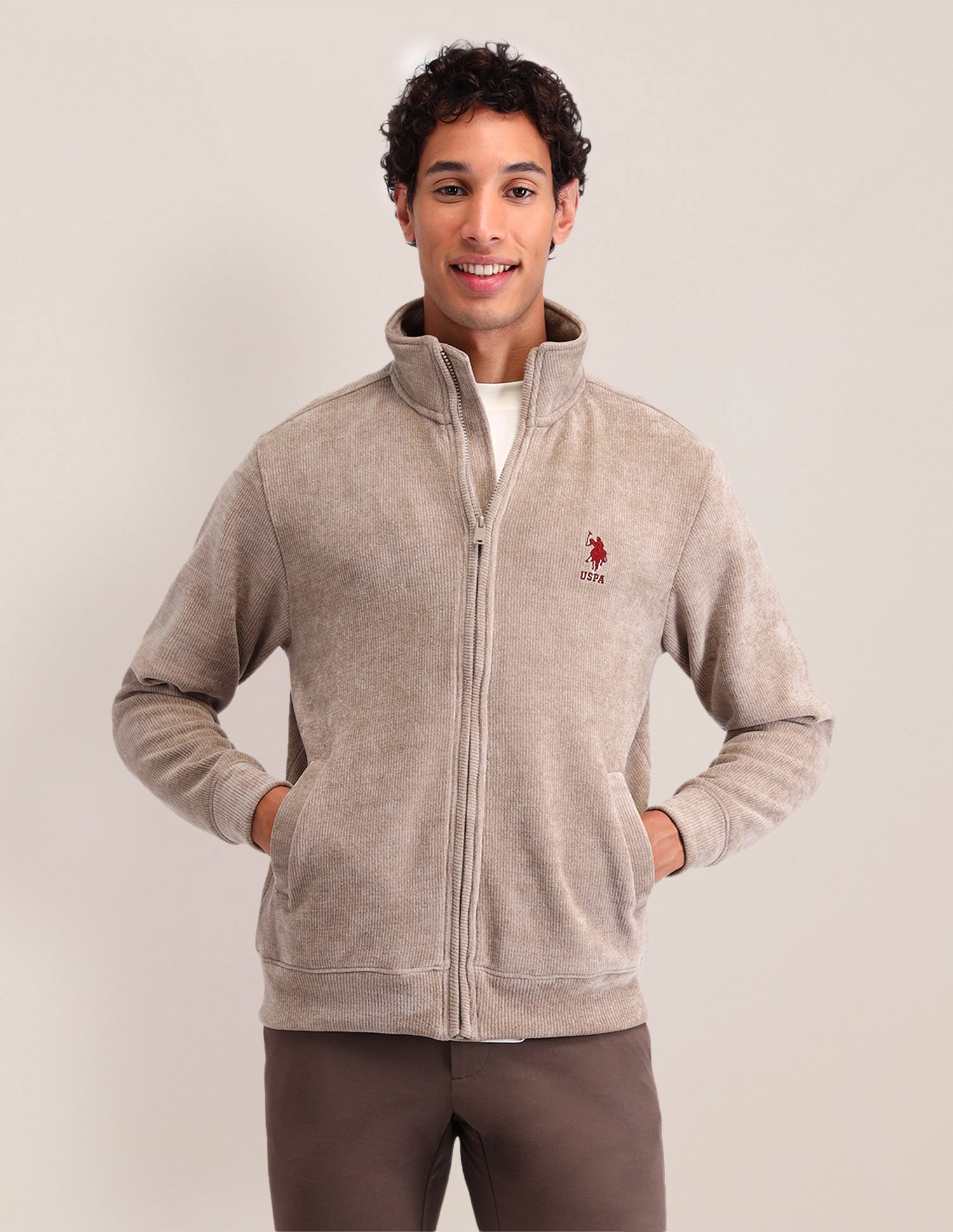 Textured Regular Fit Sweatshirt Light Brown - U.S. POLO ASSN. | Large