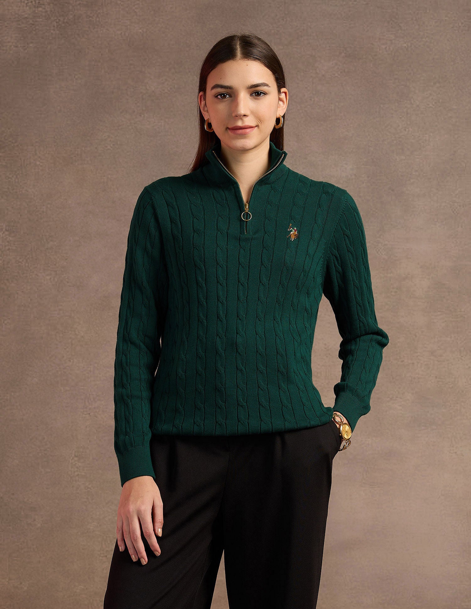 High Neck Cable Knit Sweater Green - U.S. Polo Assn. India | Large