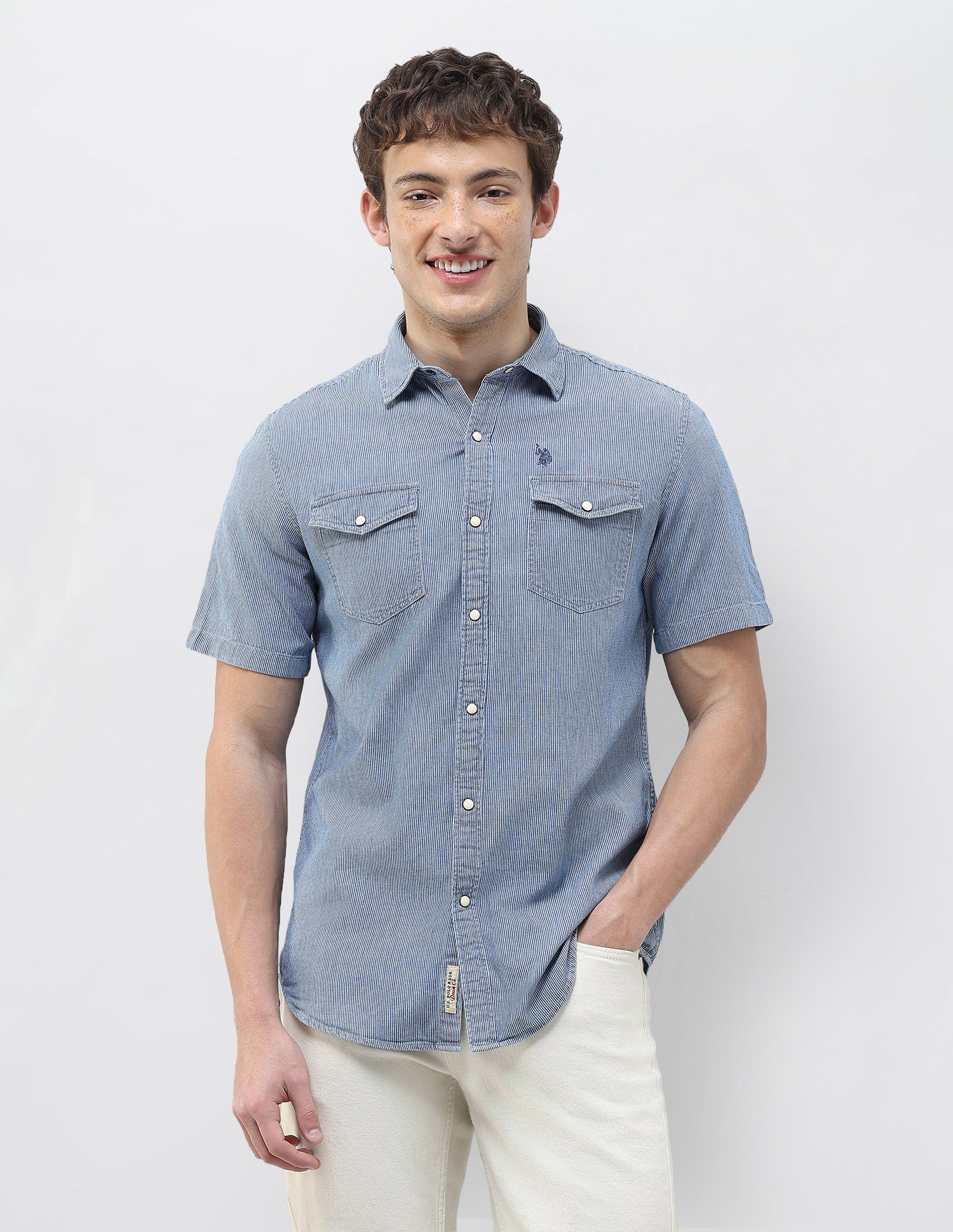 Regular Fit Self Design Vertical Striped Shirt Indigo - U.S. Polo Assn. India | Large