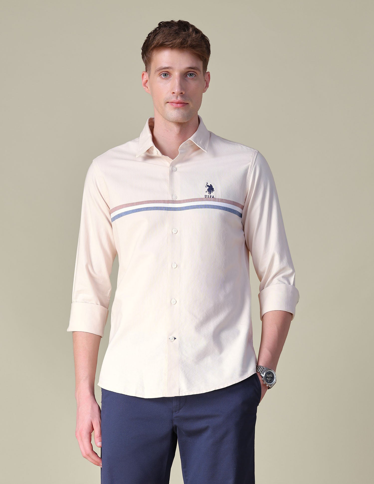 Oxford Horizontal Striped Shirt Beige - U.S. POLO ASSN. | Large